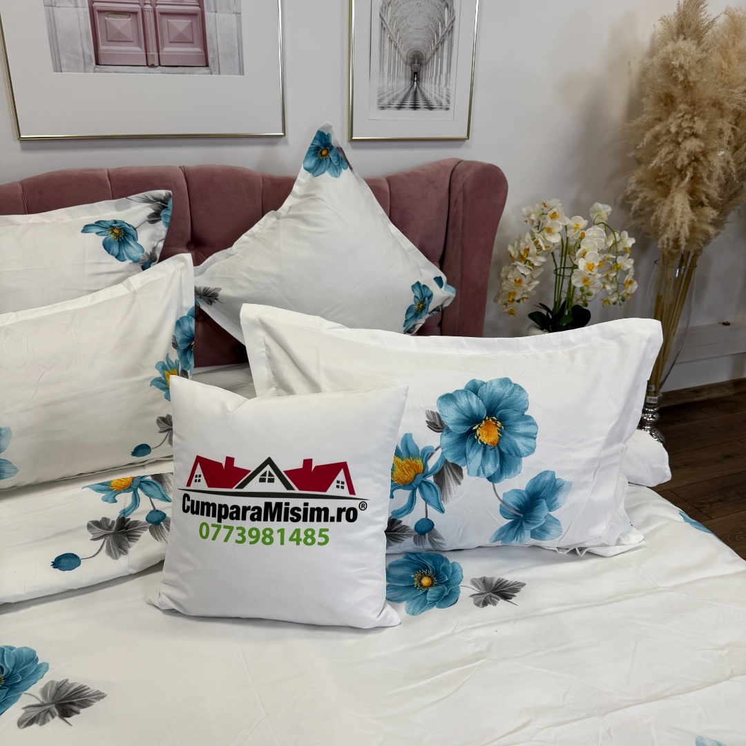 Lenjerie pat dublu, Finet, 6 piese, Alb, Bleu, flori - imagine 7