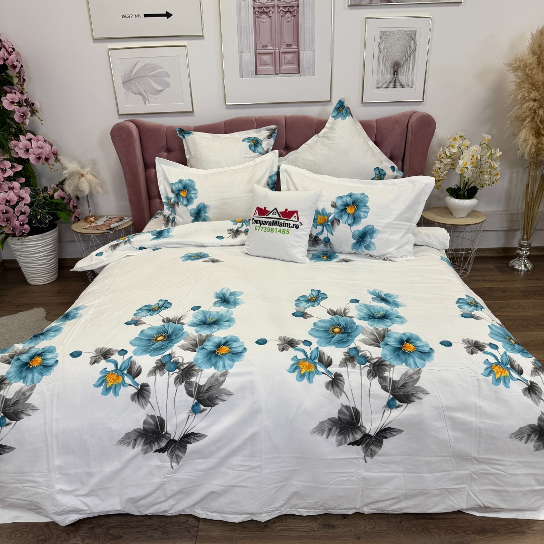 Lenjerie pat dublu, Finet, 6 piese, Alb, Bleu, flori - imagine 8