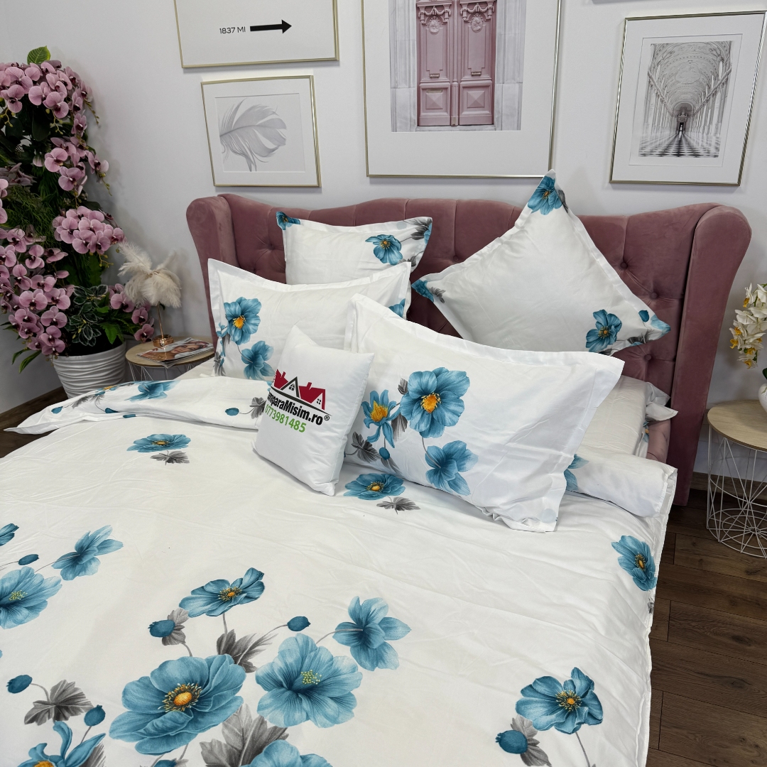 Lenjerie pat dublu, Finet, 6 piese, Alb, Bleu, flori - imagine 9