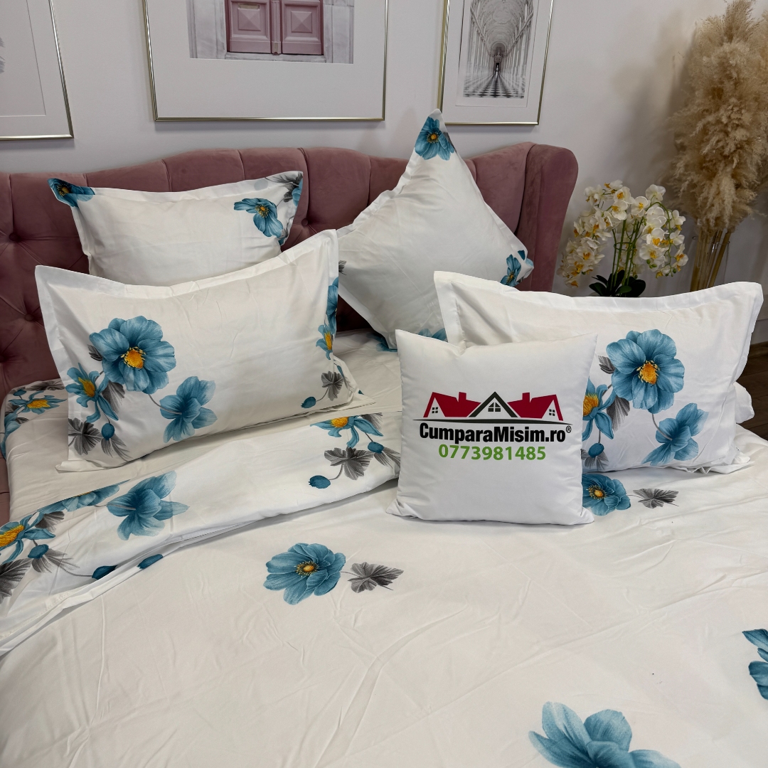Lenjerie pat dublu, Finet, 6 piese, Alb, Bleu, flori - imagine 10