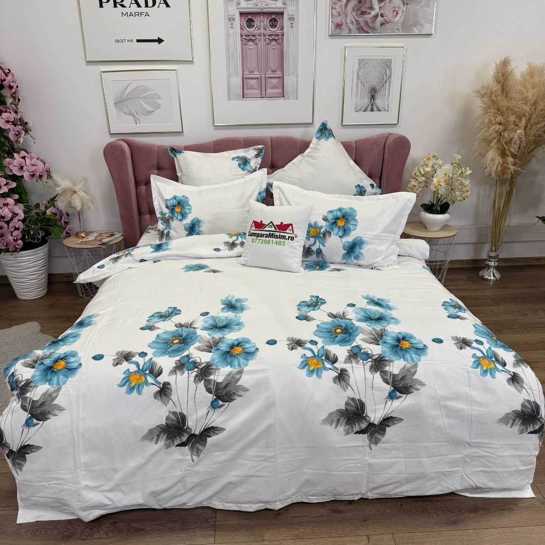 Lenjerie pat dublu, Finet, 6 piese, Alb, Bleu, flori - imagine 11