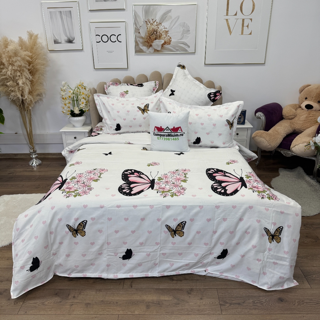 Lenjerie pat dublu, Finet, 6 piese, Alb, Roz, fluturi - imagine 2