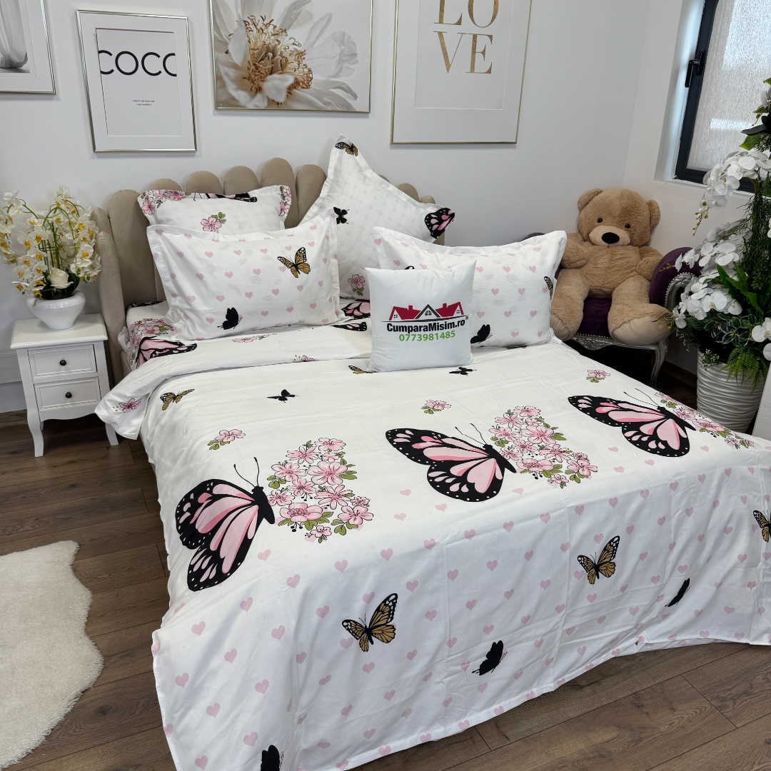 Lenjerie pat dublu, Finet, 6 piese, Alb, Roz, fluturi - imagine 3