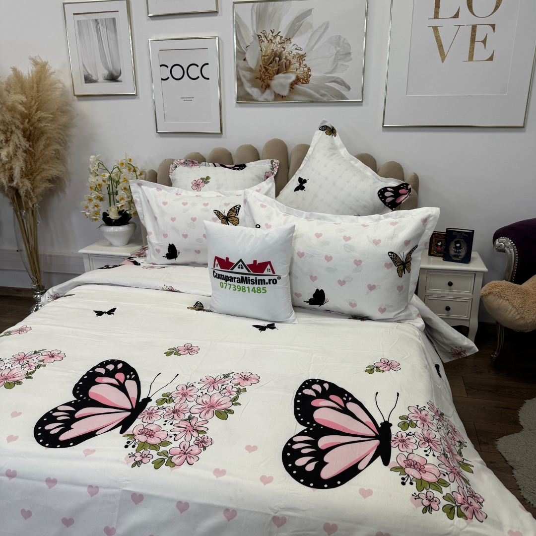 Lenjerie pat dublu, Finet, 6 piese, Alb, Roz, fluturi - imagine 5