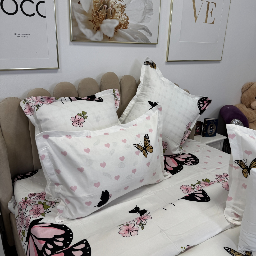 Lenjerie pat dublu, Finet, 6 piese, Alb, Roz, fluturi - imagine 6