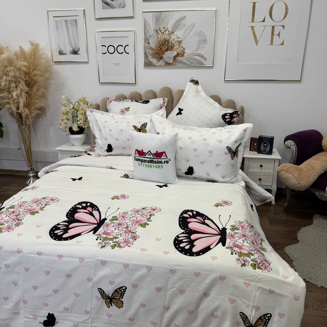 Lenjerie pat dublu, Finet, 6 piese, Alb, Roz, fluturi - imagine 7