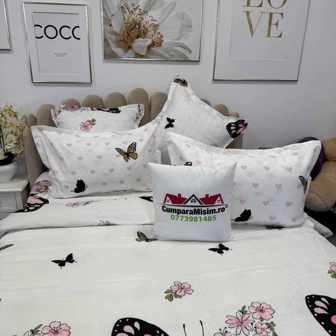 Lenjerie pat dublu, Finet, 6 piese, Alb, Roz, fluturi - imagine 8