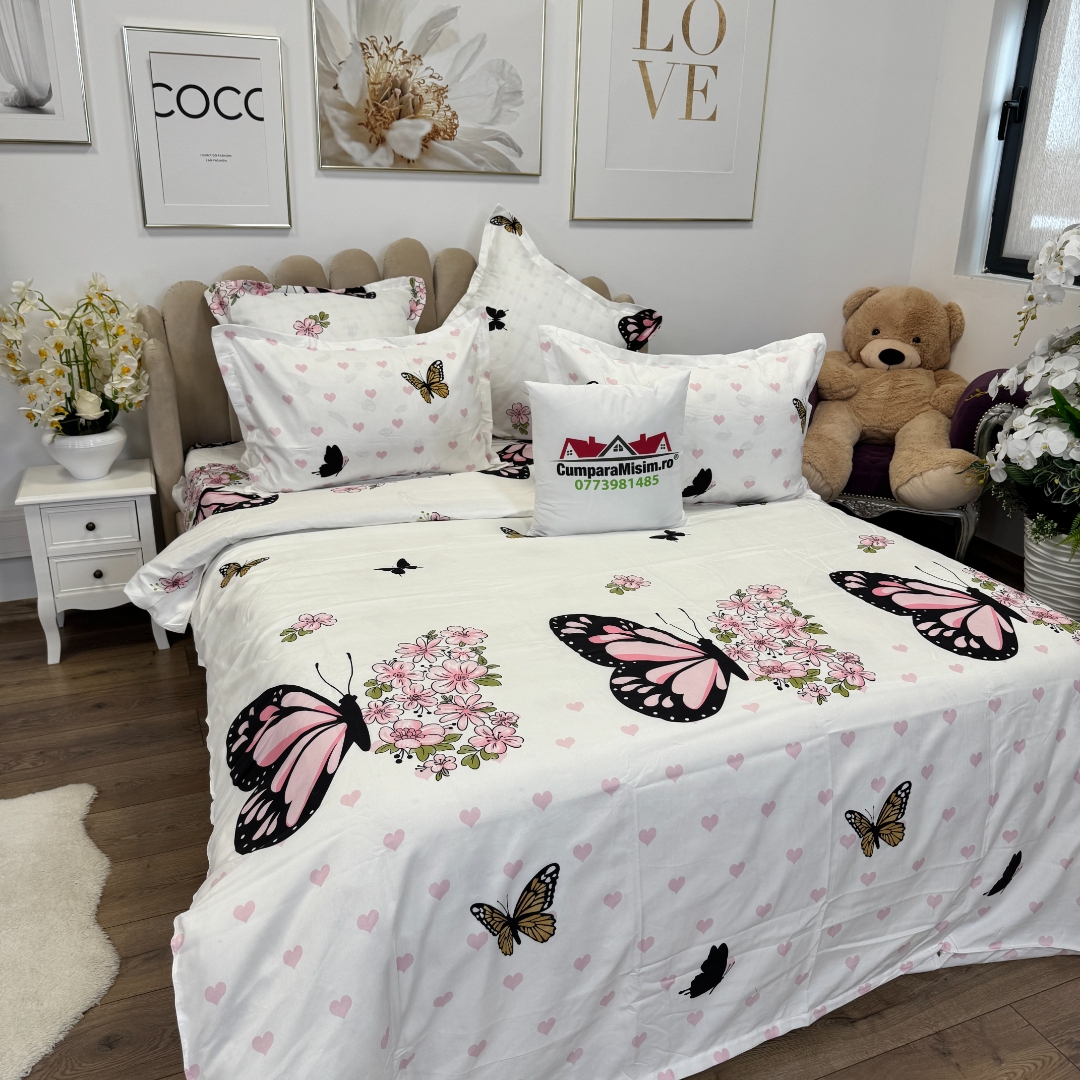 Lenjerie pat dublu, Finet, 6 piese, Alb, Roz, fluturi - imagine 9
