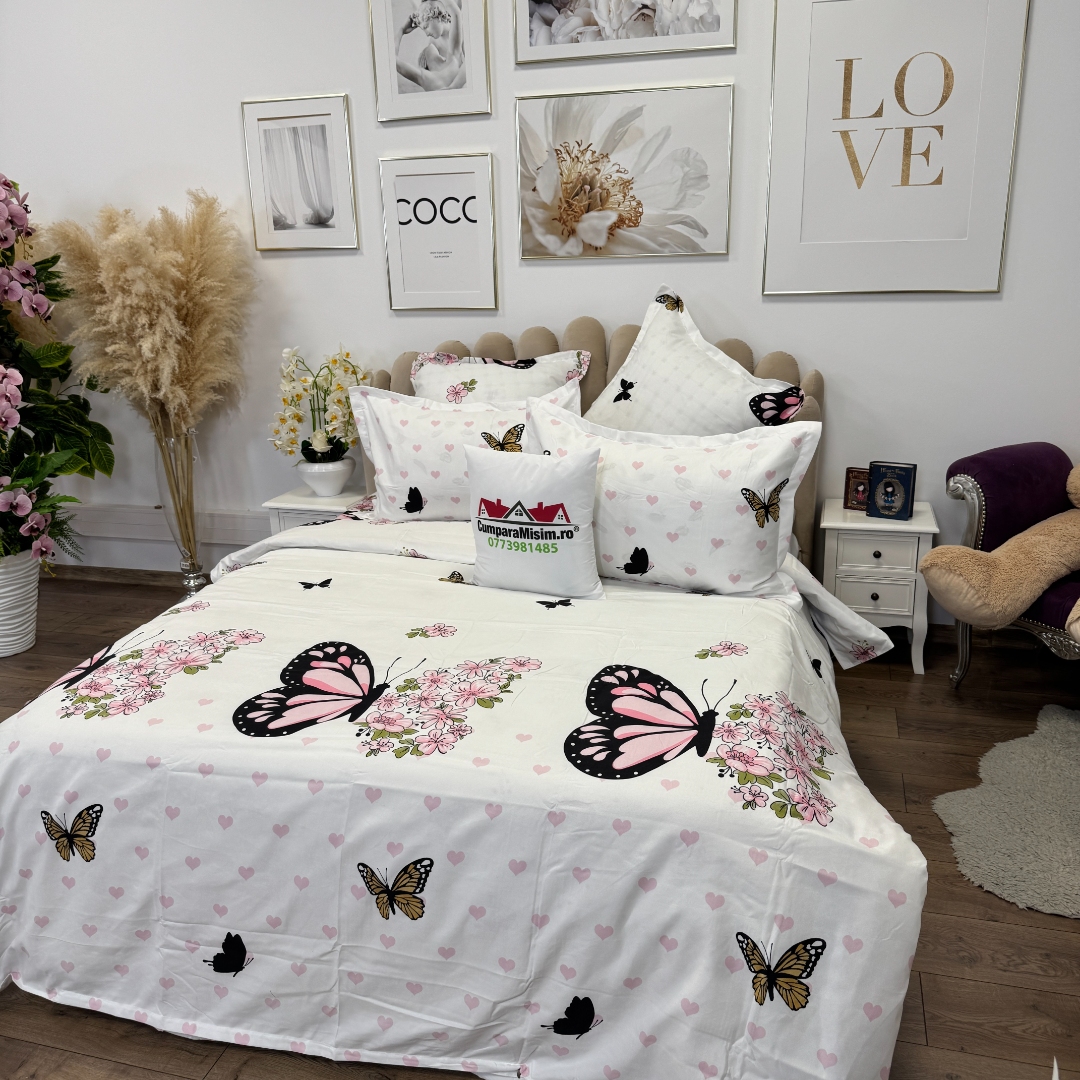 Lenjerie pat dublu, Finet, 6 piese, Alb, Roz, fluturi - imagine 10