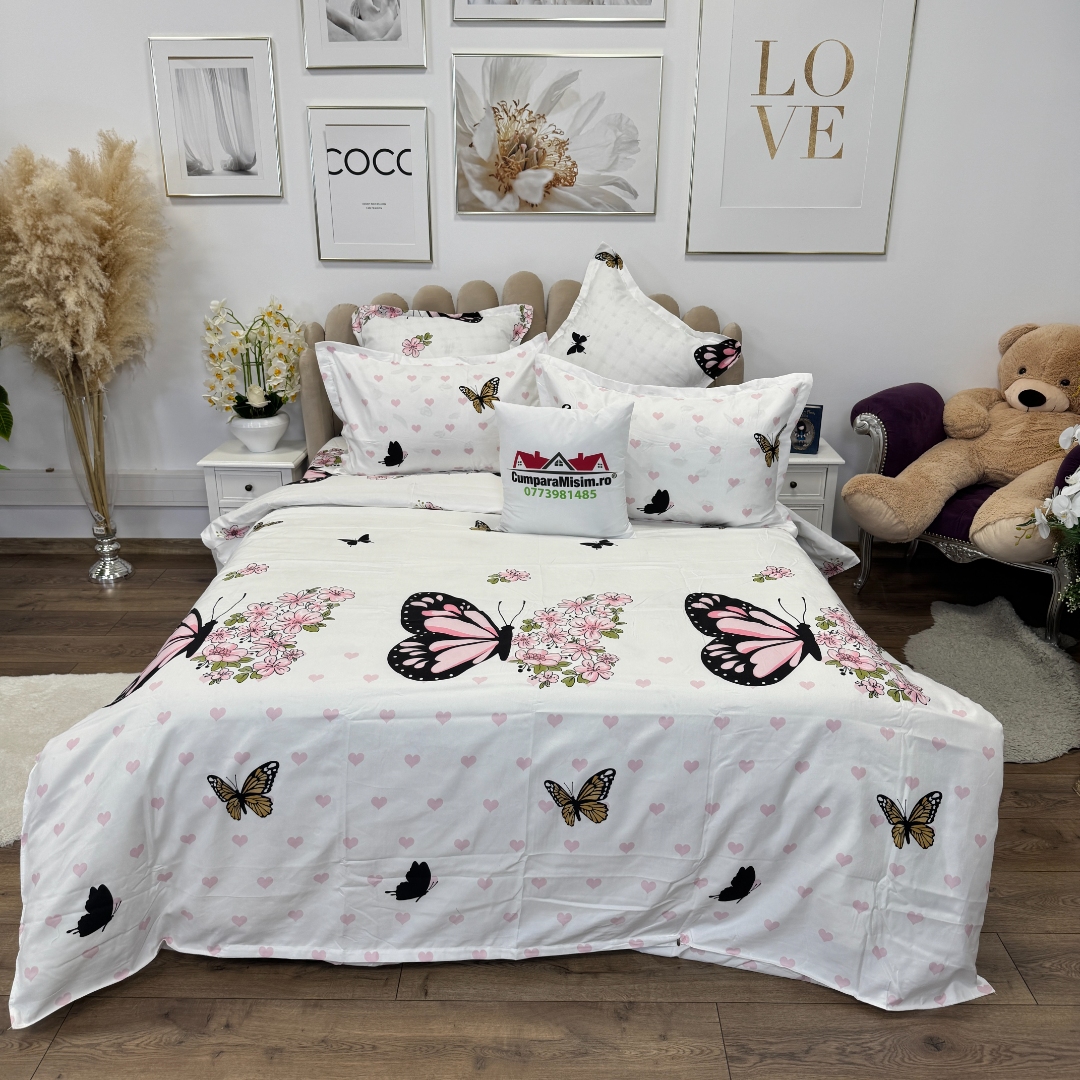 Lenjerie pat dublu, Finet, 6 piese, Alb, Roz, fluturi - imagine 11