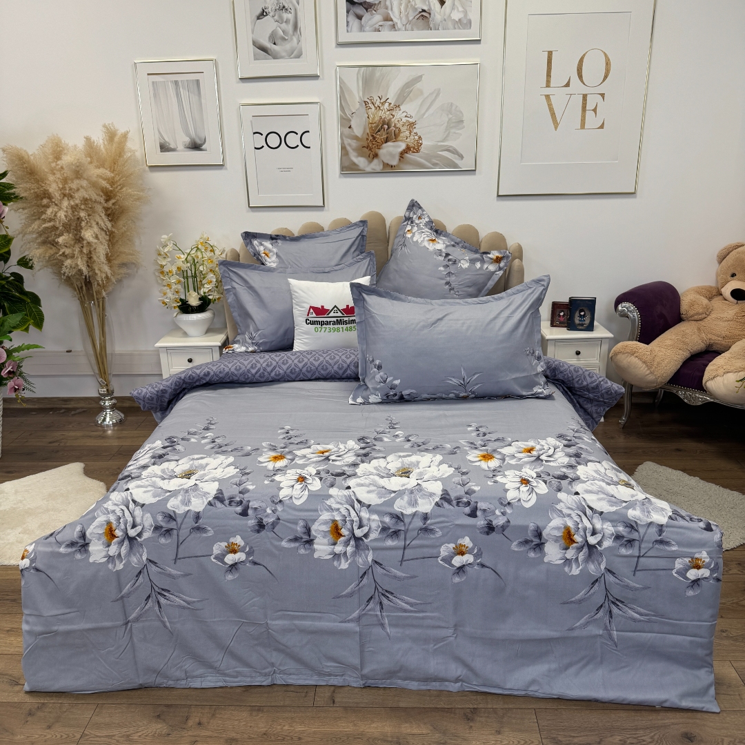 Lenjerie pat dublu,  FINET, 6 piese, cu ELASTIC, Jojo Home, Gri-Movuriu, flori - imagine 2