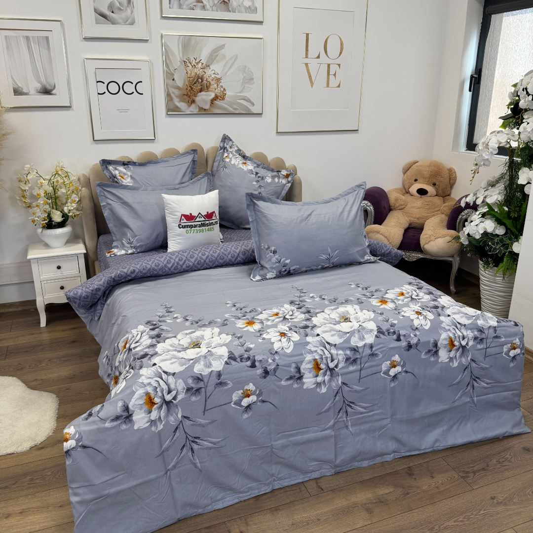 Lenjerie pat dublu,  FINET, 6 piese, cu ELASTIC, Jojo Home, Gri-Movuriu, flori - imagine 3