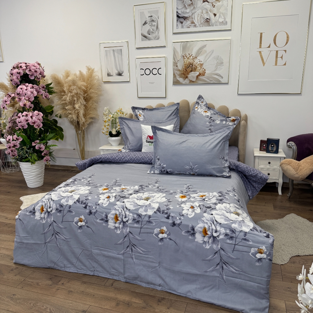 Lenjerie pat dublu,  FINET, 6 piese, cu ELASTIC, Jojo Home, Gri-Movuriu, flori - imagine 4