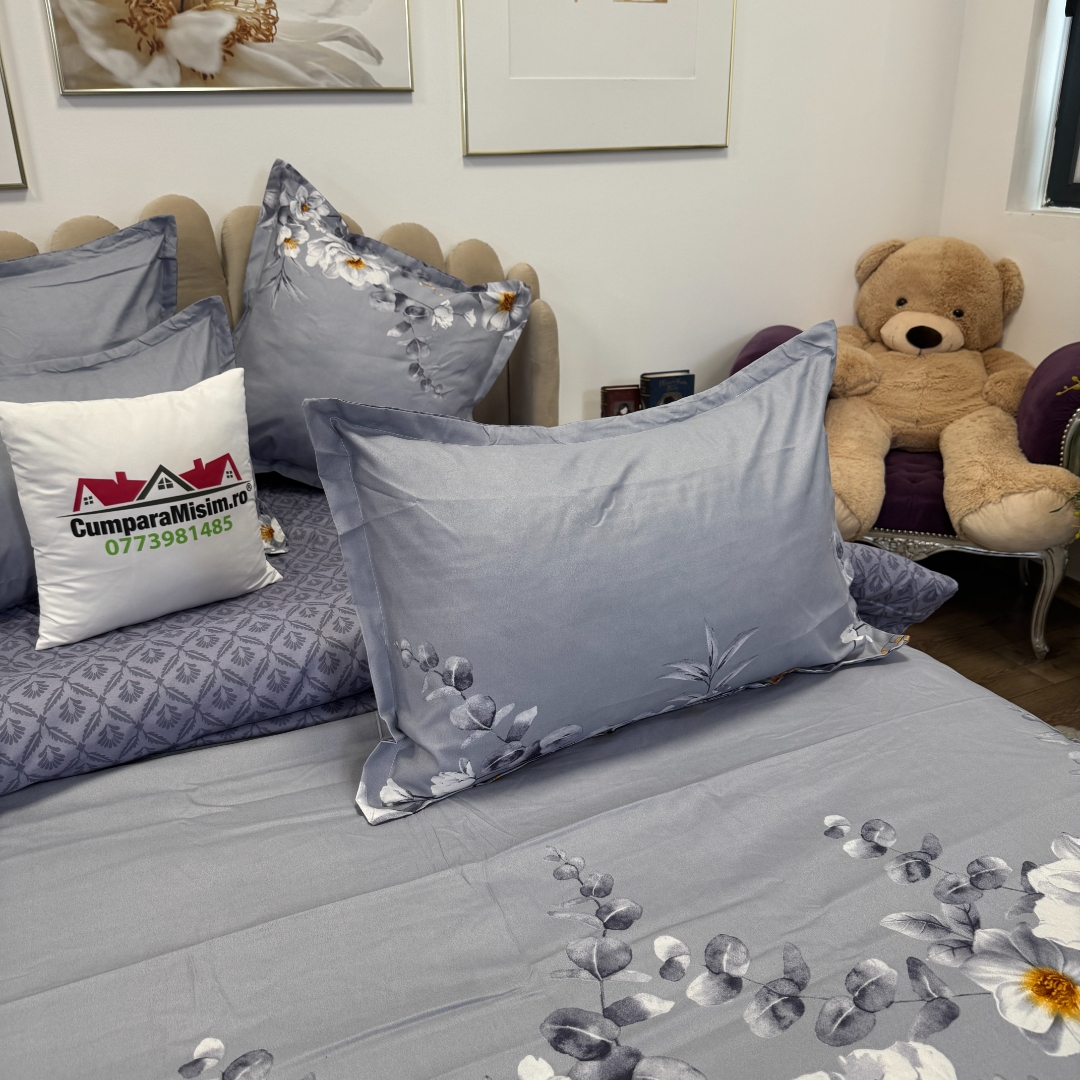 Lenjerie pat dublu,  FINET, 6 piese, cu ELASTIC, Jojo Home, Gri-Movuriu, flori - imagine 5