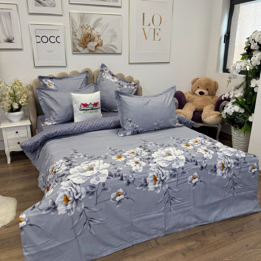 Lenjerie pat dublu,  FINET, 6 piese, cu ELASTIC, Jojo Home, Gri-Movuriu, flori - imagine 6
