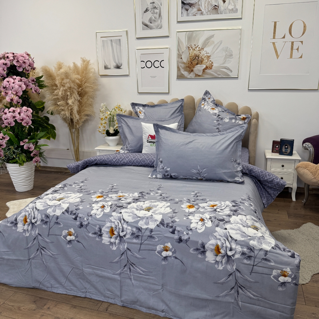 Lenjerie pat dublu,  FINET, 6 piese, cu ELASTIC, Jojo Home, Gri-Movuriu, flori - imagine 7