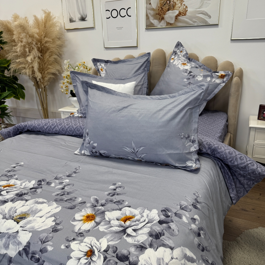 Lenjerie pat dublu,  FINET, 6 piese, cu ELASTIC, Jojo Home, Gri-Movuriu, flori - imagine 8