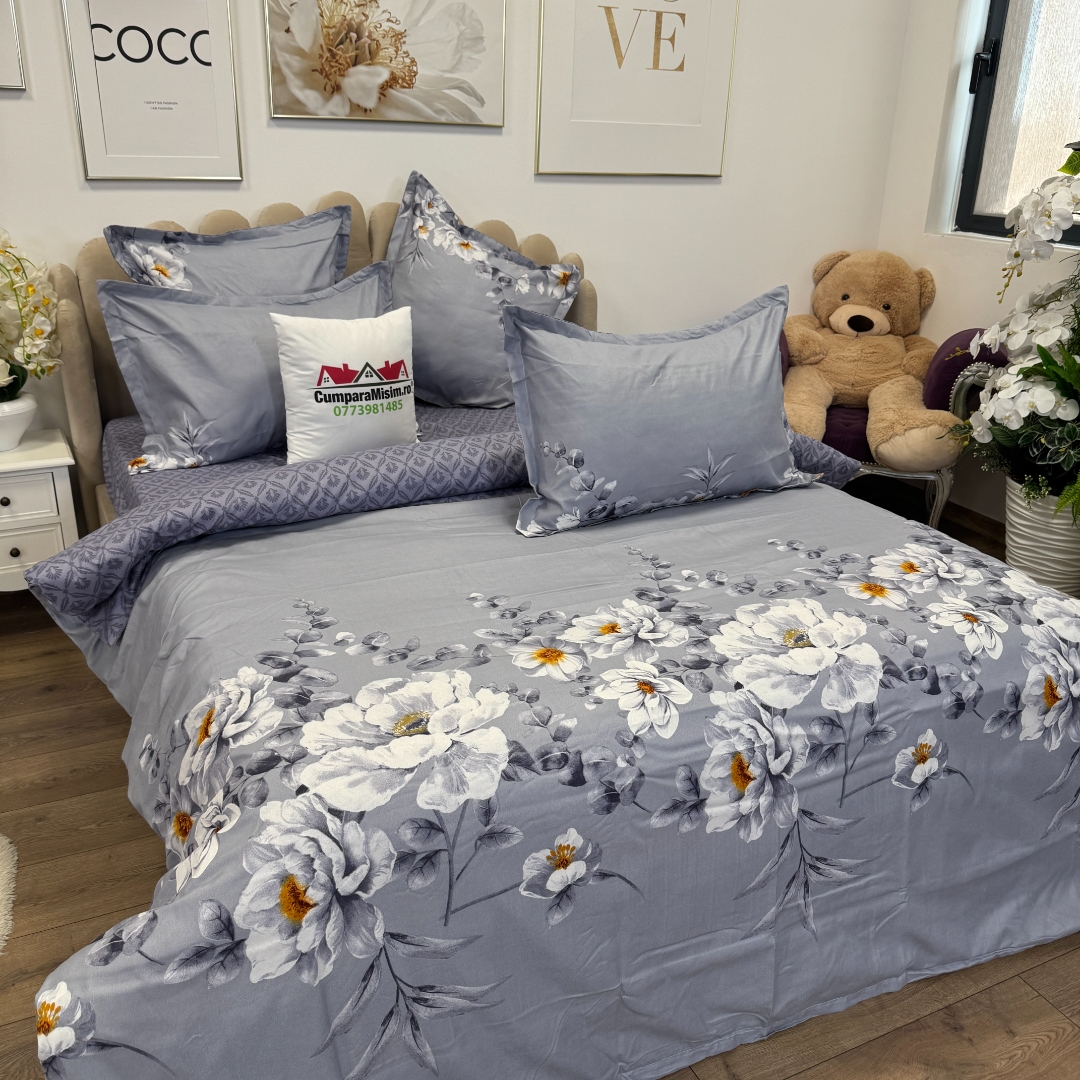 Lenjerie pat dublu,  FINET, 6 piese, cu ELASTIC, Jojo Home, Gri-Movuriu, flori - imagine 9