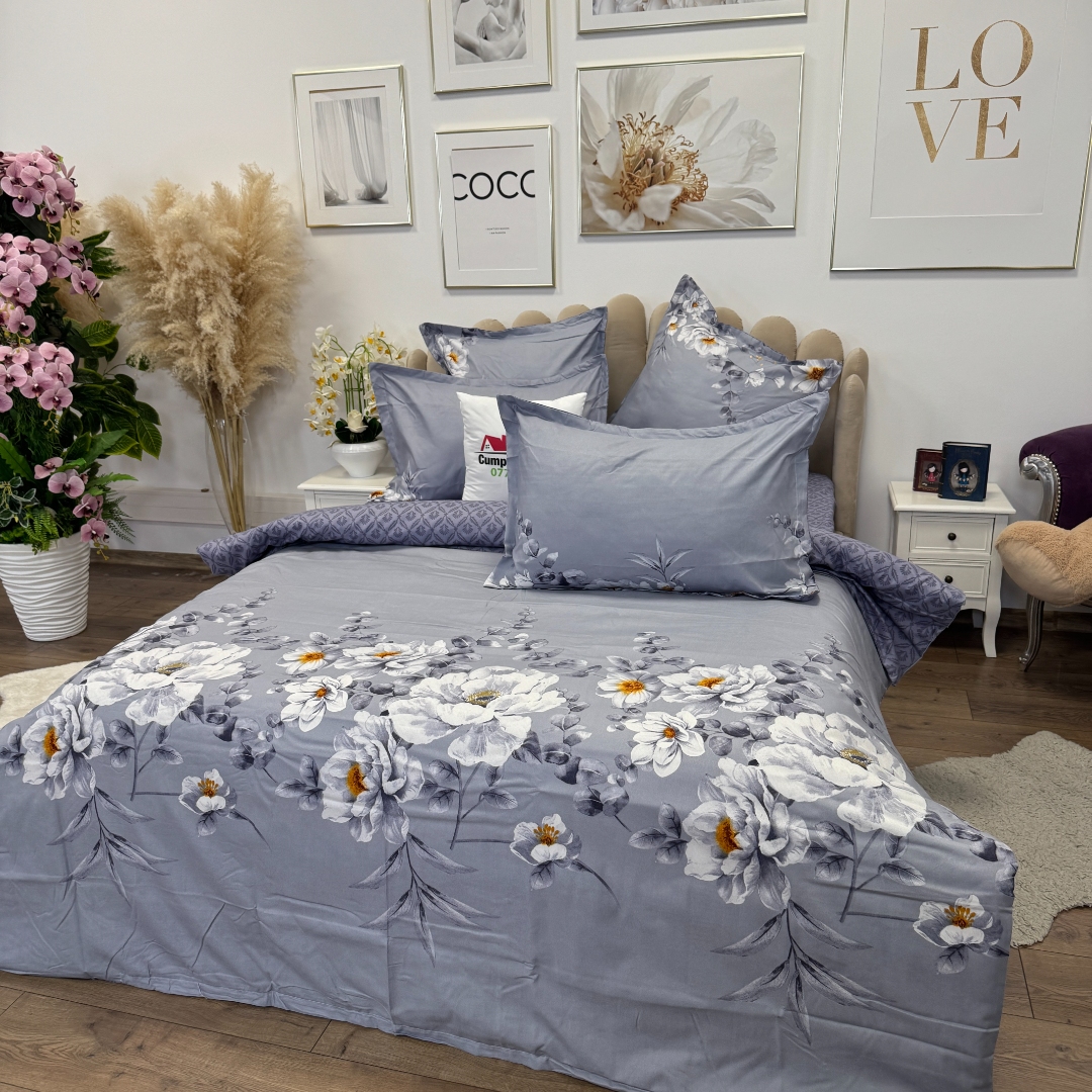 Lenjerie pat dublu,  FINET, 6 piese, cu ELASTIC, Jojo Home, Gri-Movuriu, flori - imagine 10