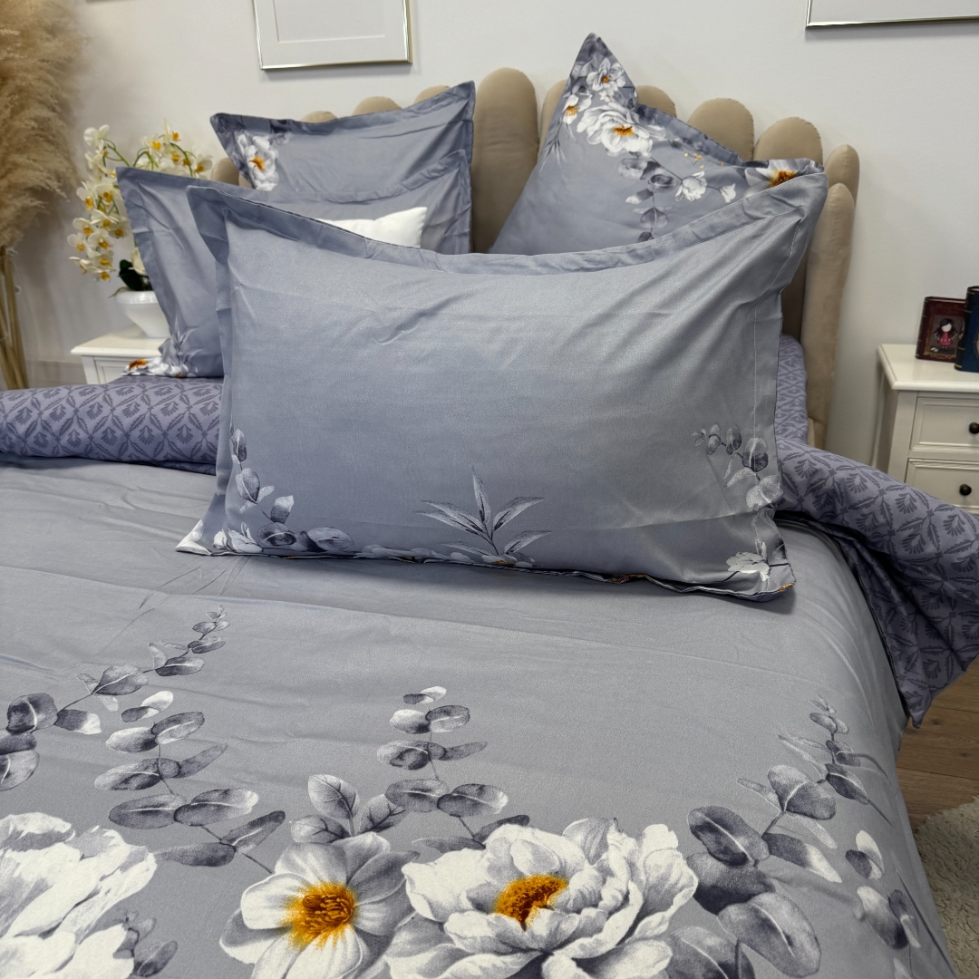 Lenjerie pat dublu,  FINET, 6 piese, cu ELASTIC, Jojo Home, Gri-Movuriu, flori - imagine 11