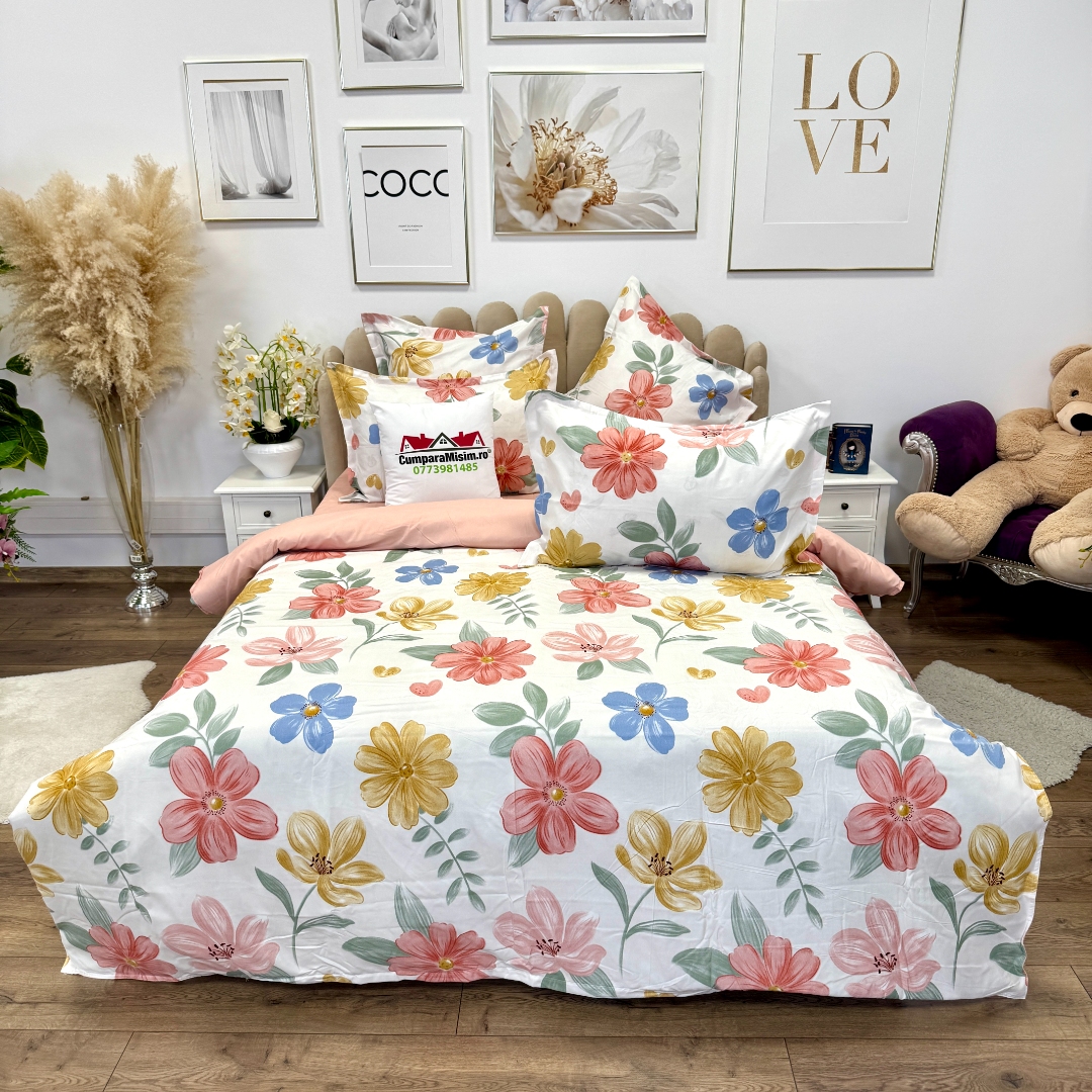 Lenjerie pat dublu, Finet, 6 piese, Alb, flori - imagine 2