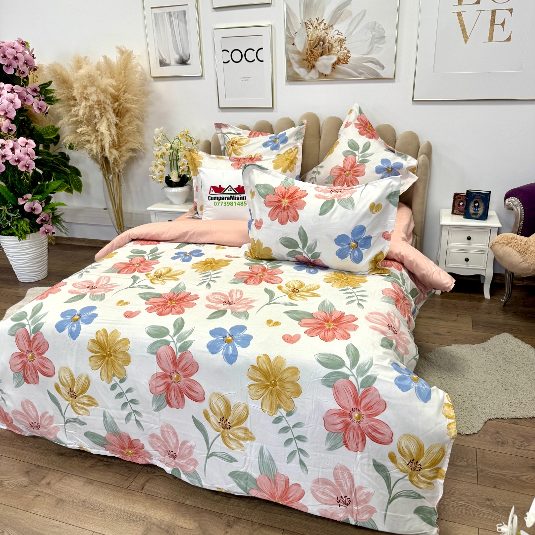 Lenjerie pat dublu, Finet, 6 piese, Alb, flori - imagine 4