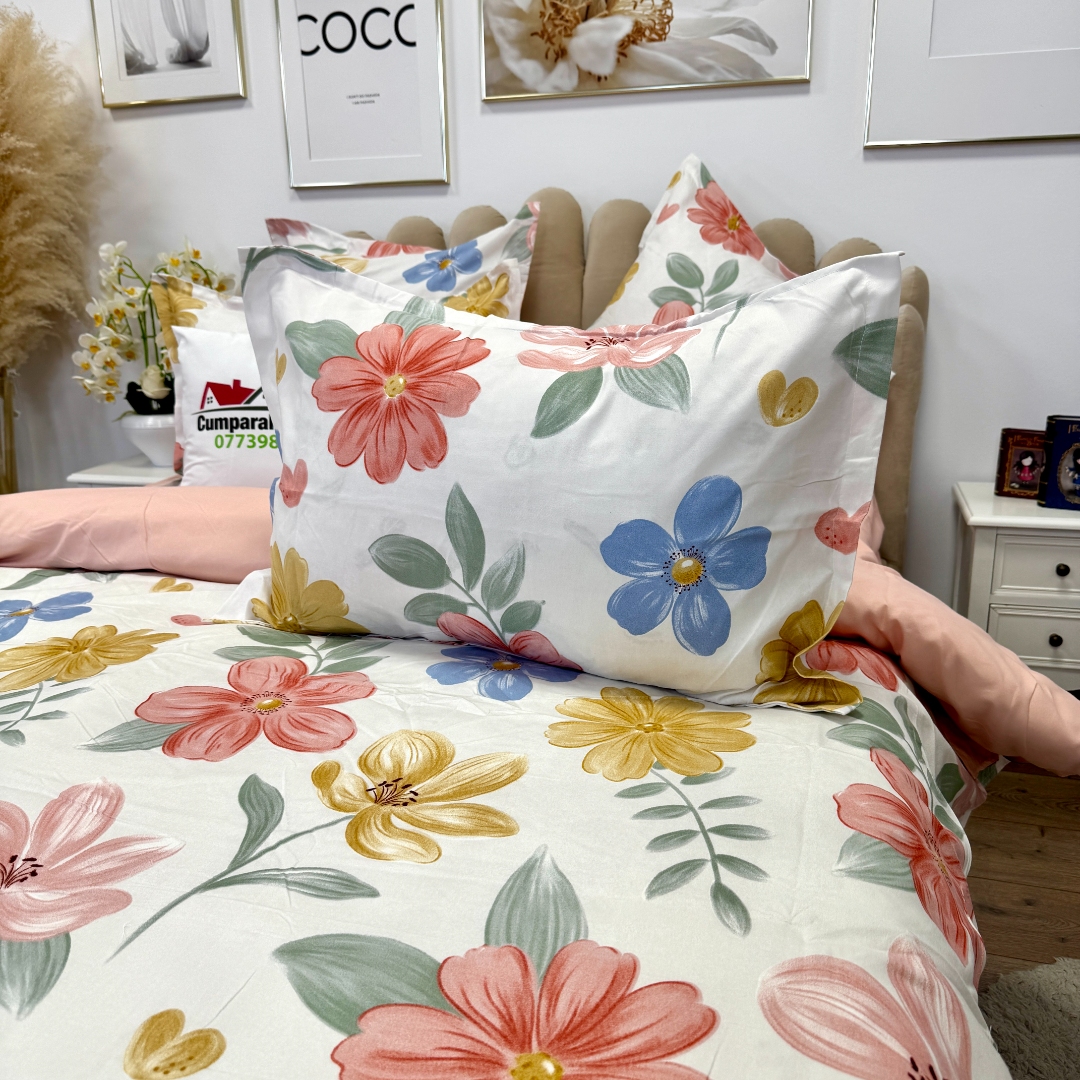 Lenjerie pat dublu, Finet, 6 piese, Alb, flori - imagine 5