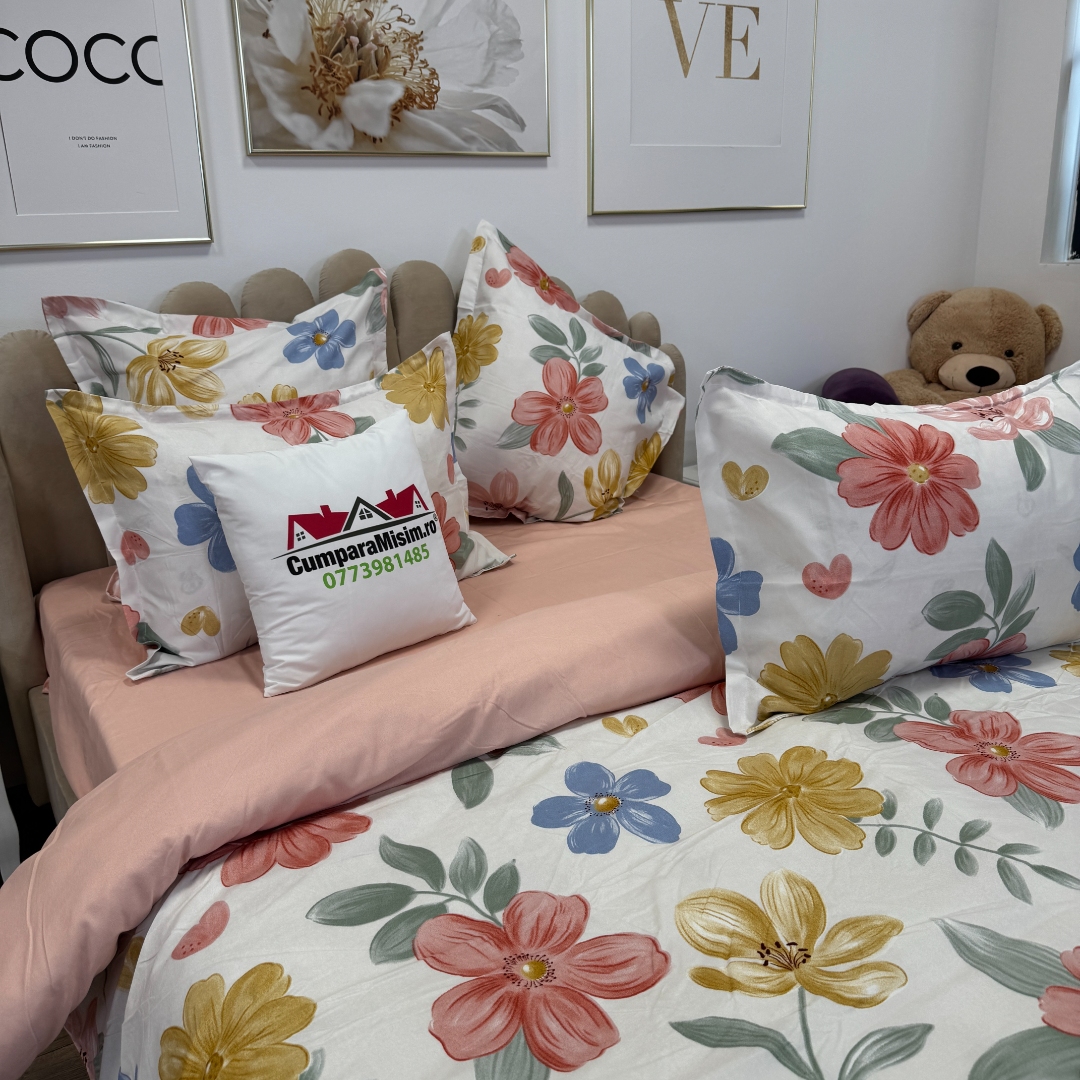 Lenjerie pat dublu, Finet, 6 piese, Alb, flori - imagine 8