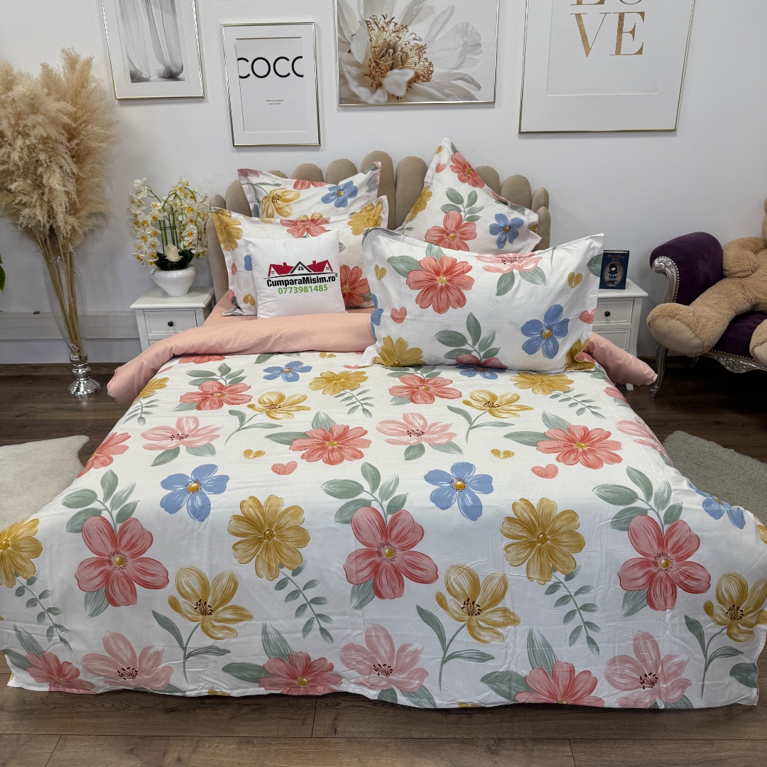 Lenjerie pat dublu, Finet, 6 piese, Alb, flori - imagine 9