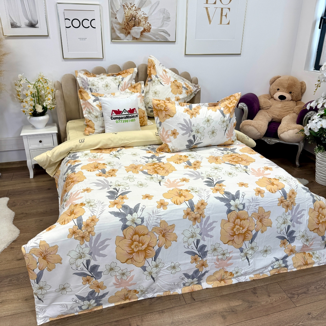Lenjerie pat dublu, Finet, 6 piese, Alb, Galben, flori - imagine 3