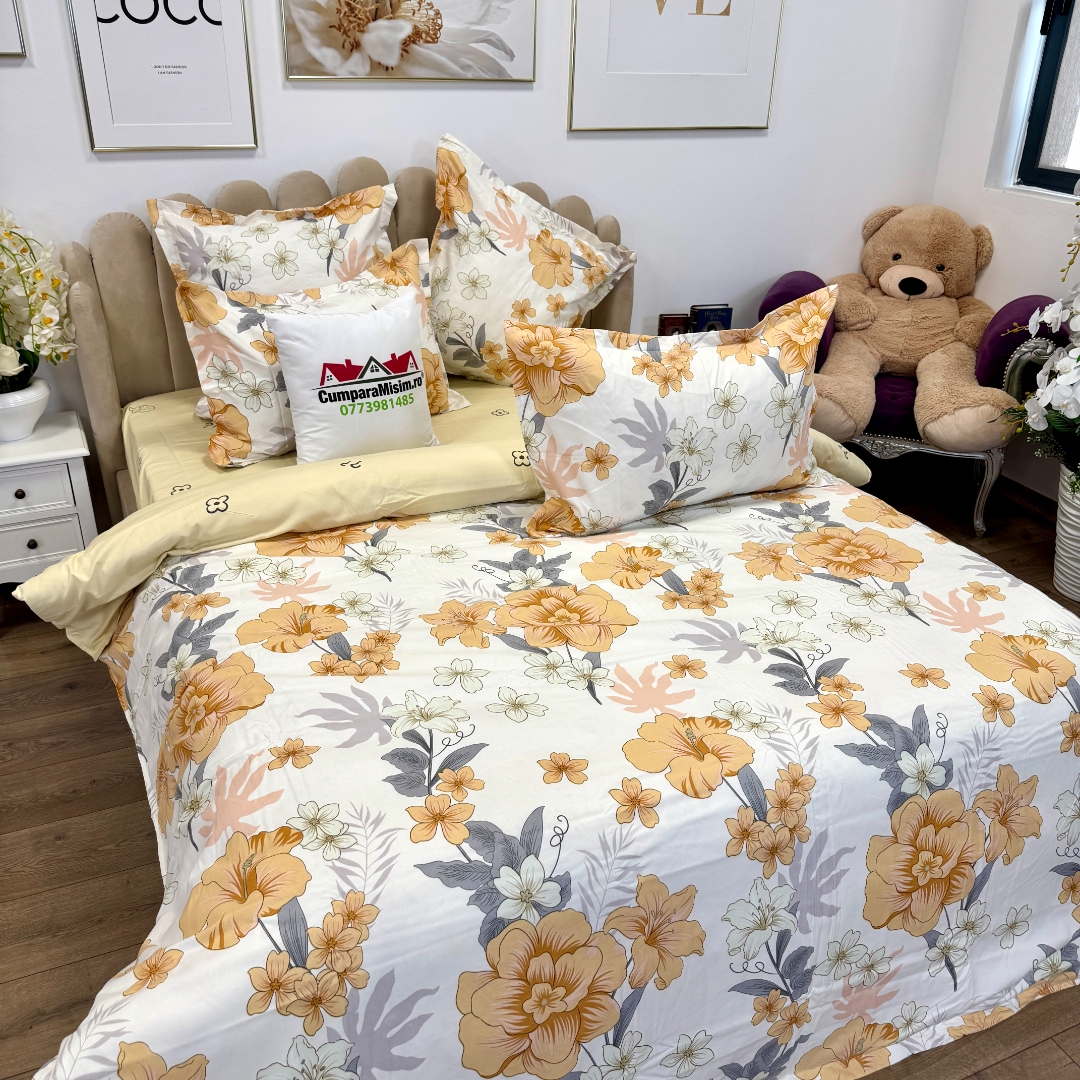 Lenjerie pat dublu, Finet, 6 piese, Alb, Galben, flori - imagine 6