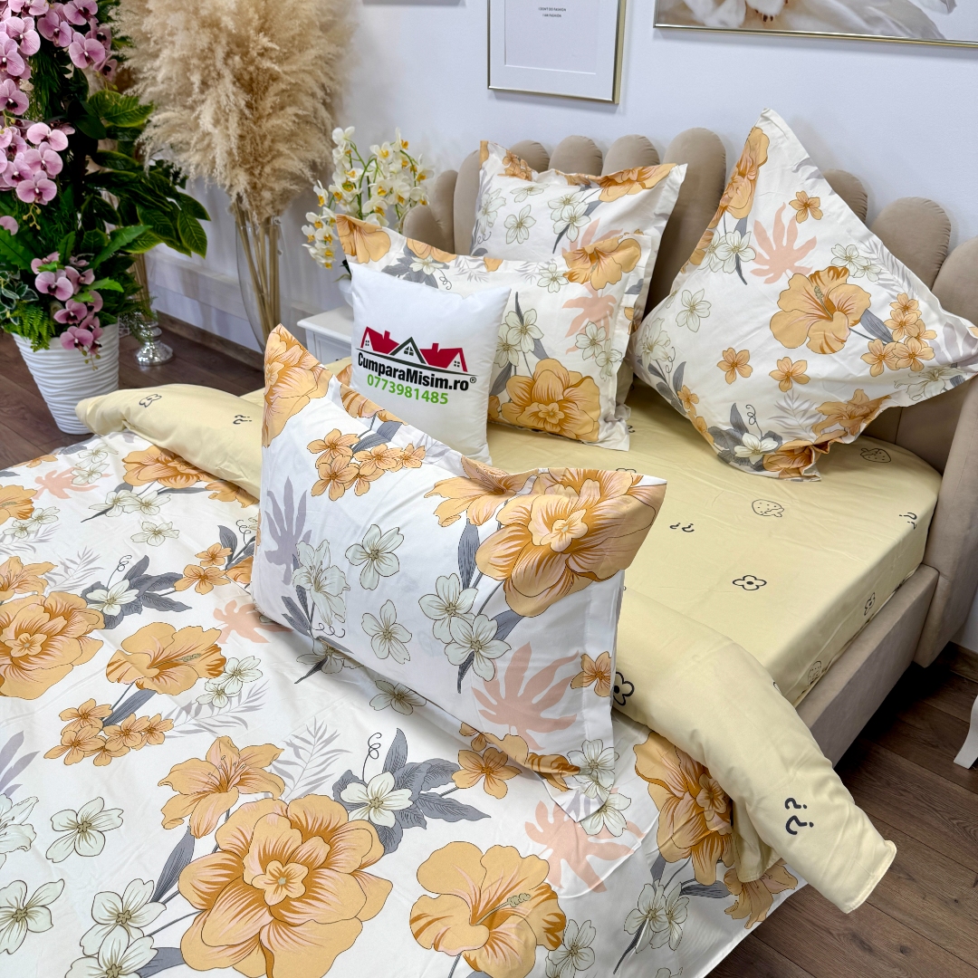 Lenjerie pat dublu, Finet, 6 piese, Alb, Galben, flori - imagine 8