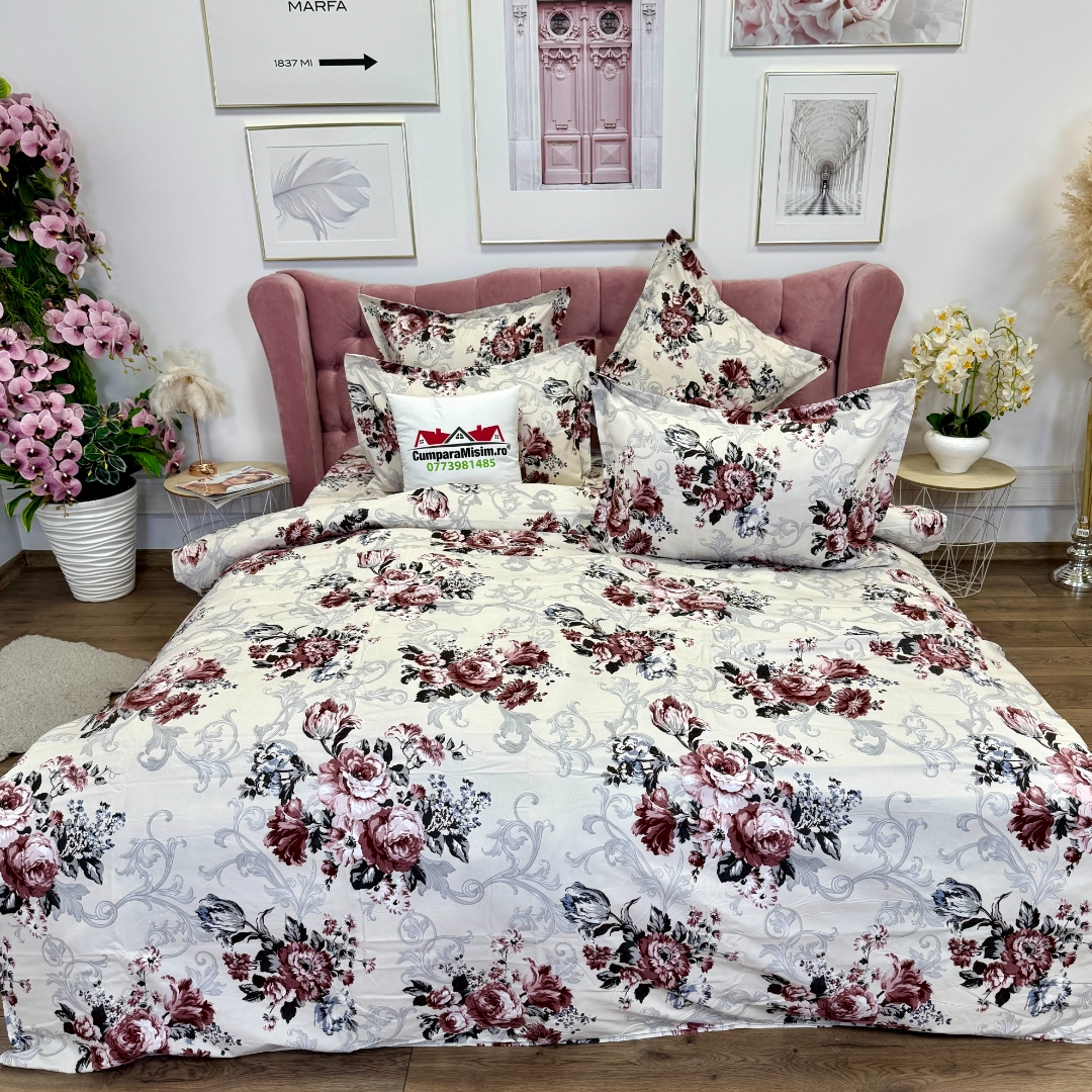 Lenjerie pat dublu, Finet, 6 piese, Bej, flori - imagine 2