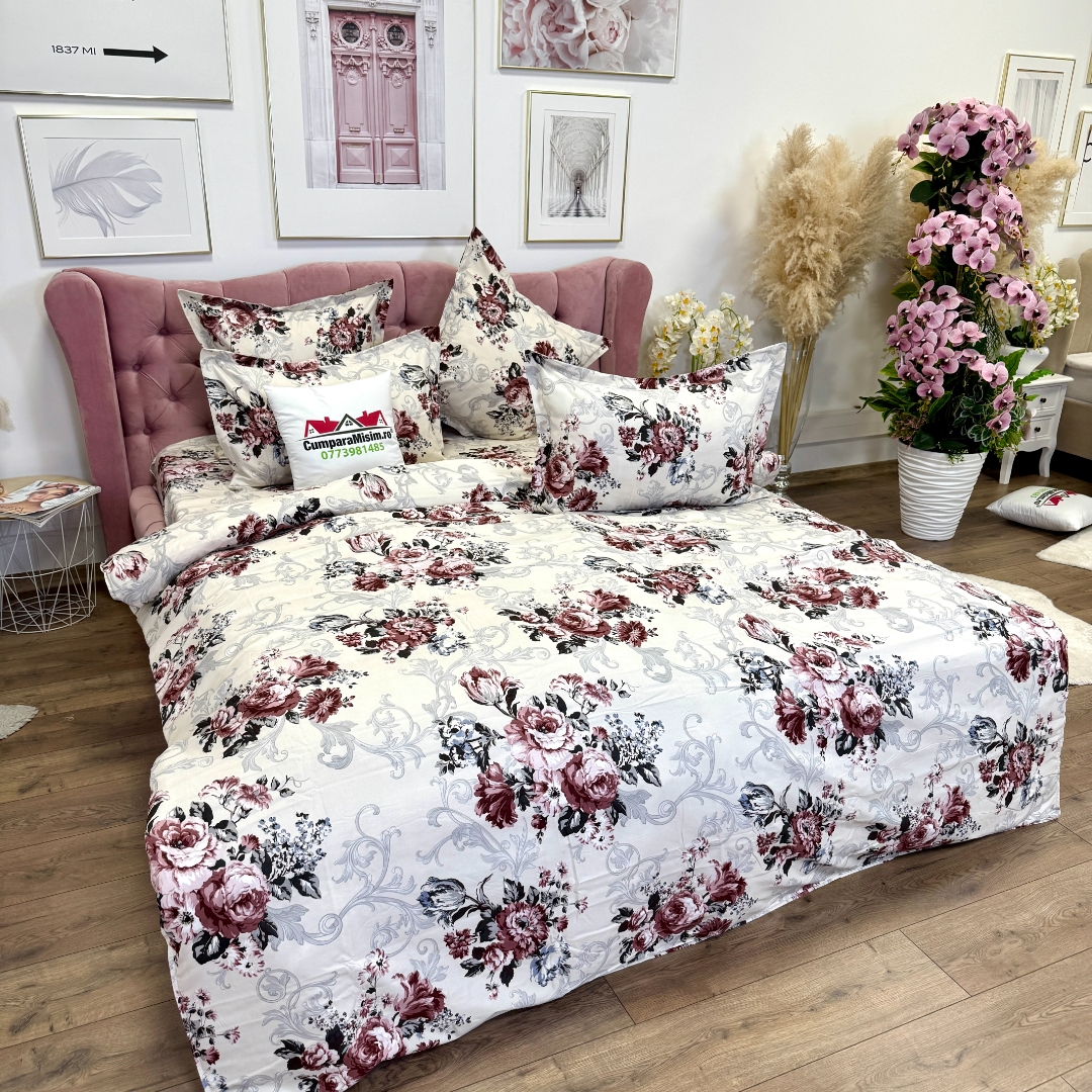 Lenjerie pat dublu, Finet, 6 piese, Bej, flori - imagine 3