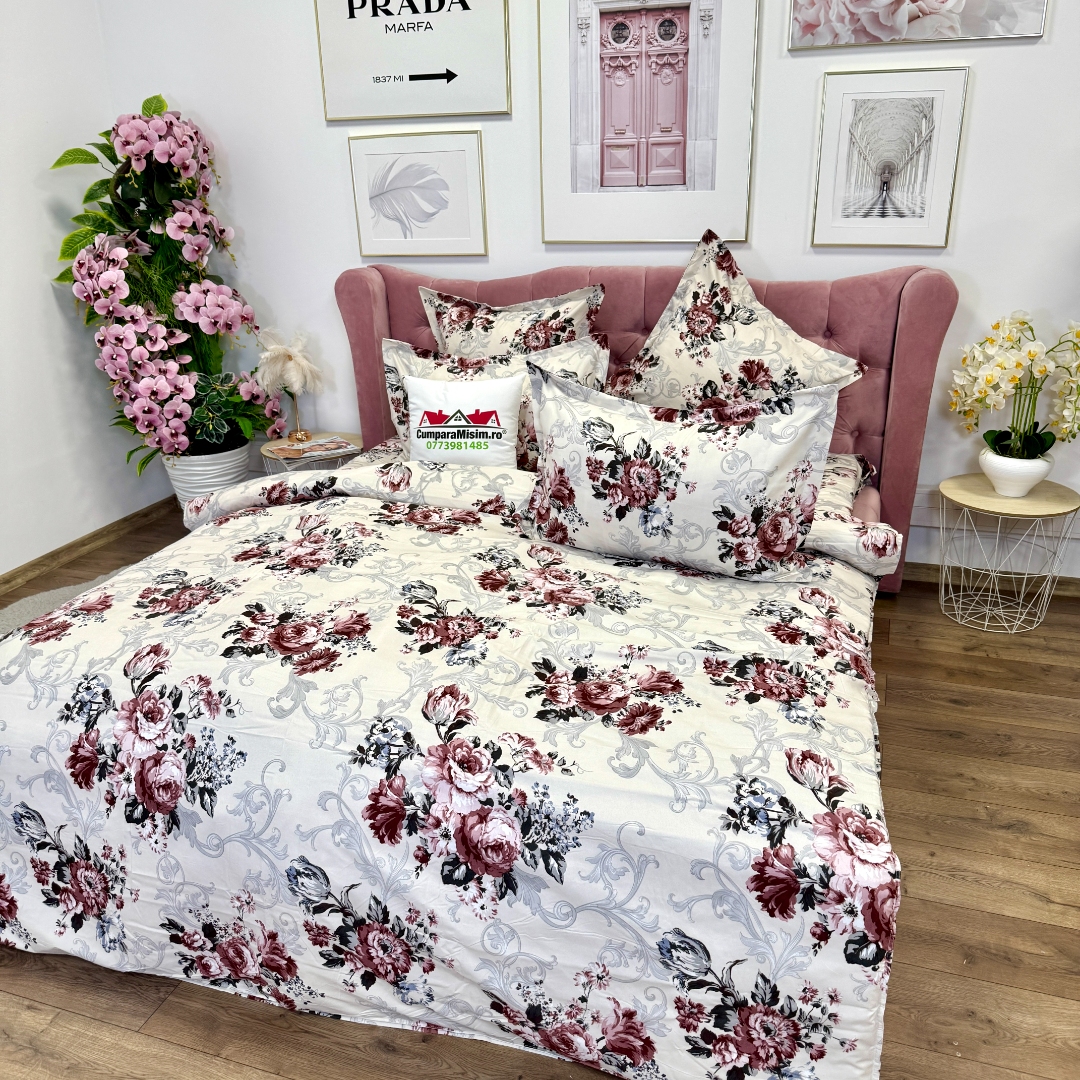 Lenjerie pat dublu, Finet, 6 piese, Bej, flori - imagine 4