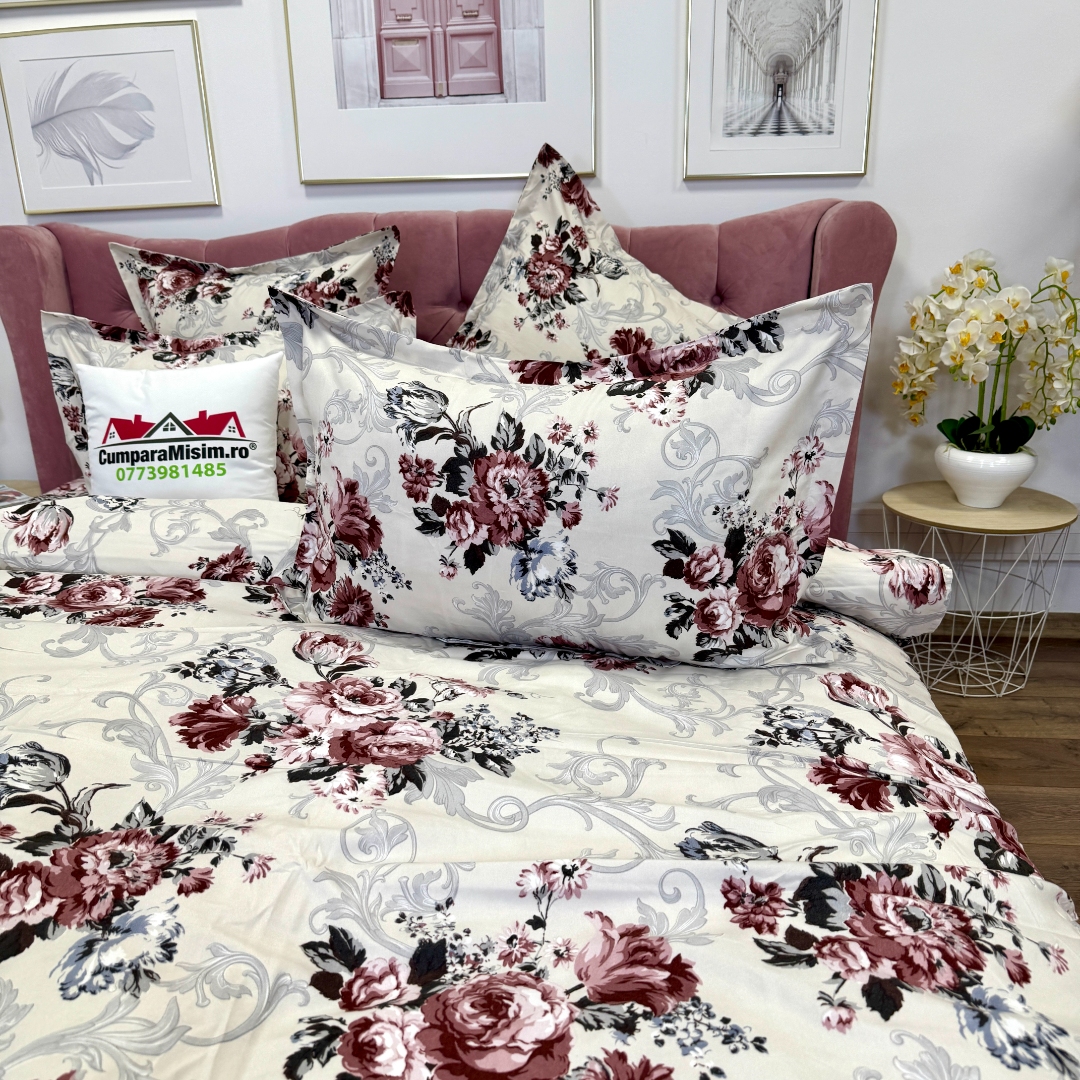 Lenjerie pat dublu, Finet, 6 piese, Bej, flori - imagine 5