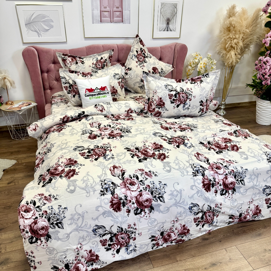 Lenjerie pat dublu, Finet, 6 piese, Bej, flori - imagine 7