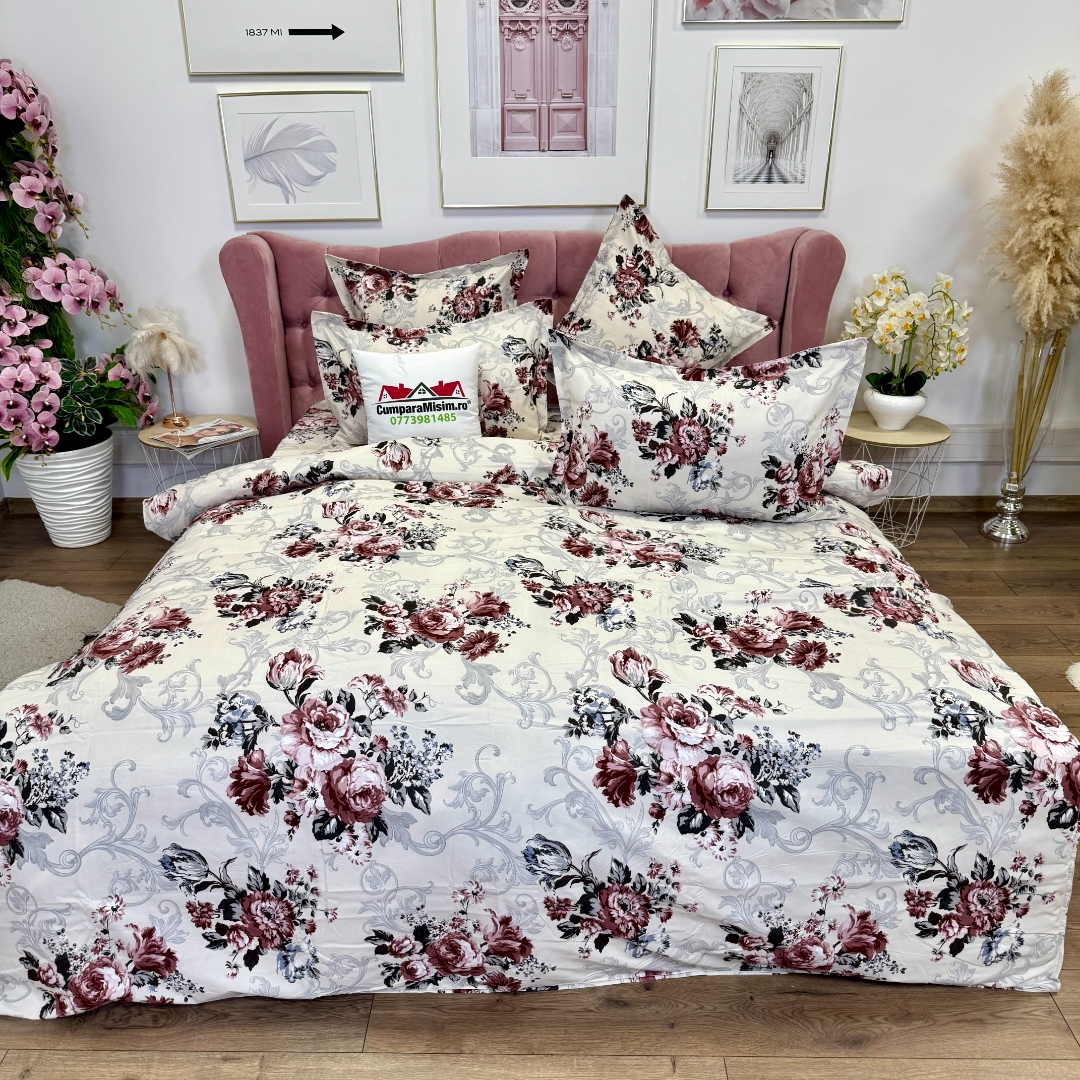 Lenjerie pat dublu, Finet, 6 piese, Bej, flori - imagine 8