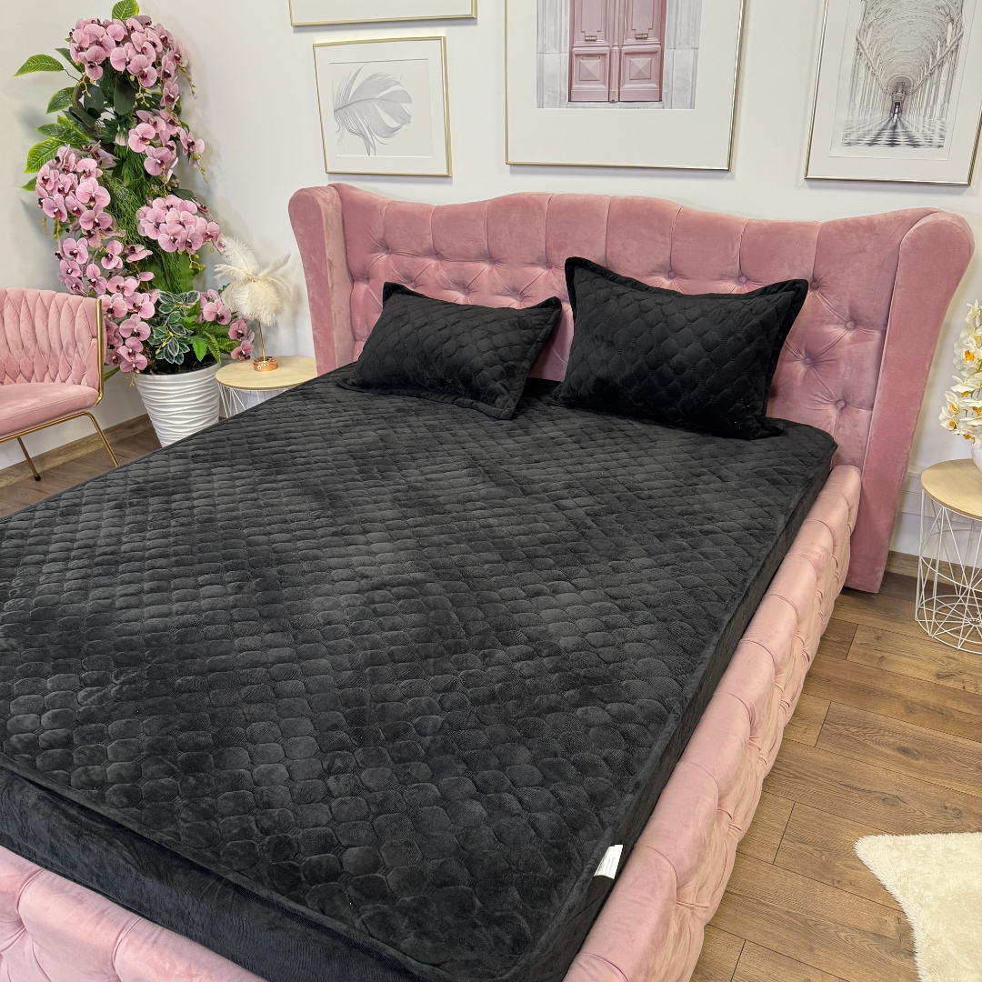 Husa Matlasata Tip Topper din Catifea 160x200cm, cu 2 Fete de Perna 50x70cm -  Somn Odihnitor si Sustinere pentru Spate, Negru - imagine 8