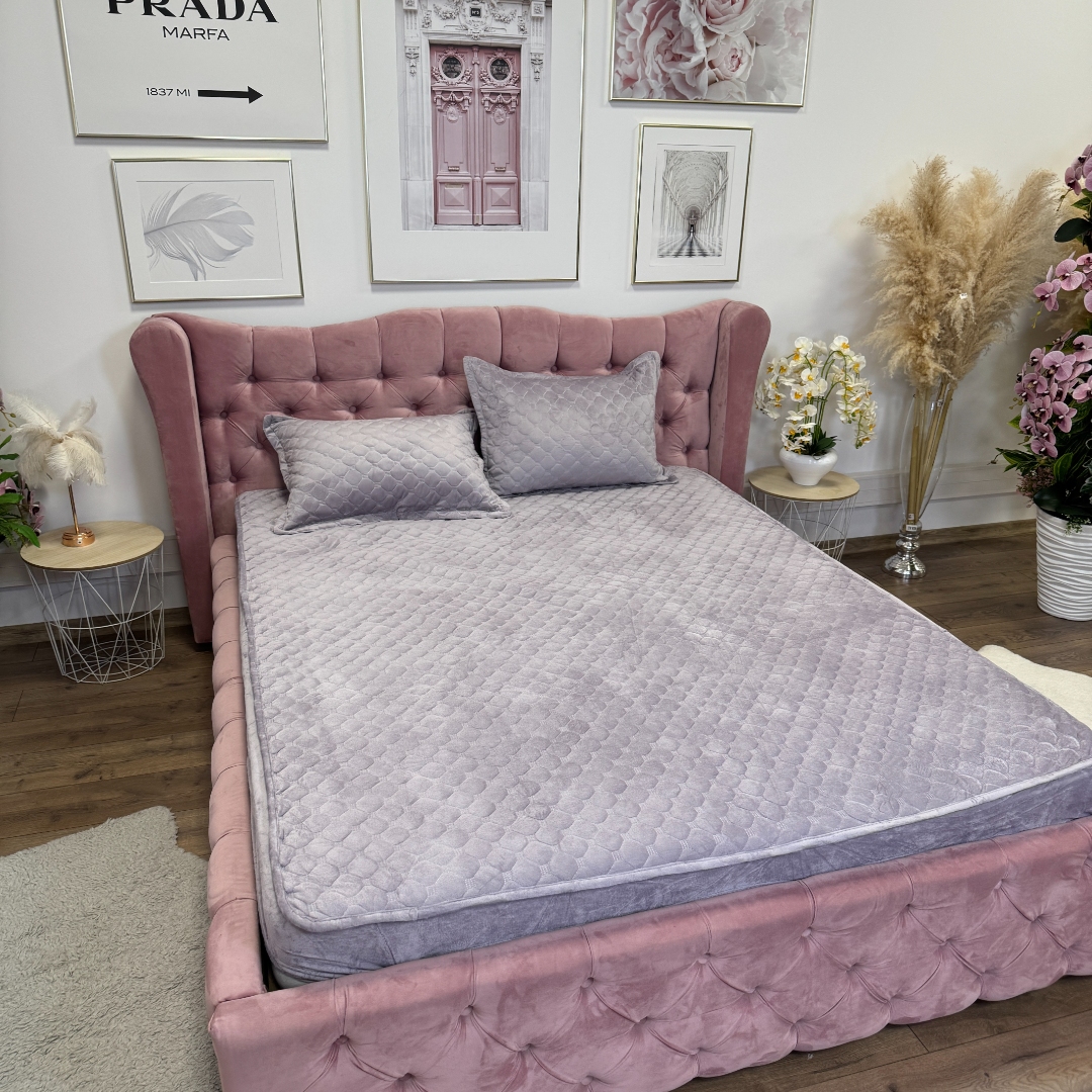 Husa Matlasata Tip Topper din Catifea 160x200cm, cu 2 Fete de Perna 50x70cm -  Somn Odihnitor si Sustinere pentru Spate, Lila - imagine 3