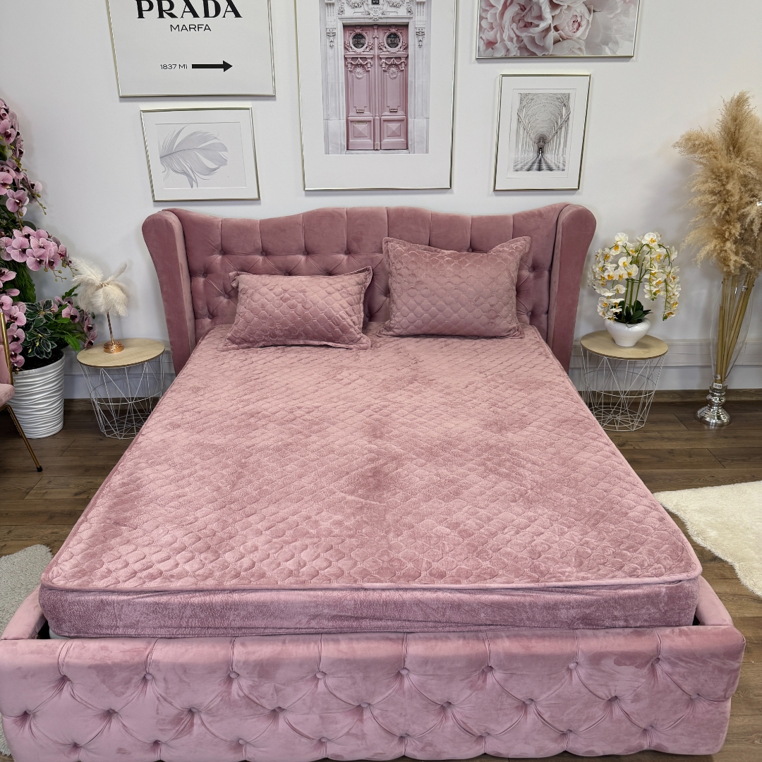 Husa Matlasata Tip Topper din Catifea 160x200cm, cu 2 Fete de Perna 50x70cm -  Somn Odihnitor si Sustinere pentru Spate, Roz inchis - imagine 2