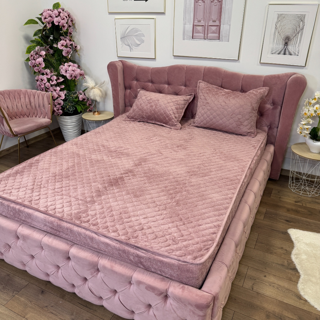 Husa Matlasata Tip Topper din Catifea 160x200cm, cu 2 Fete de Perna 50x70cm -  Somn Odihnitor si Sustinere pentru Spate, Roz inchis - imagine 4