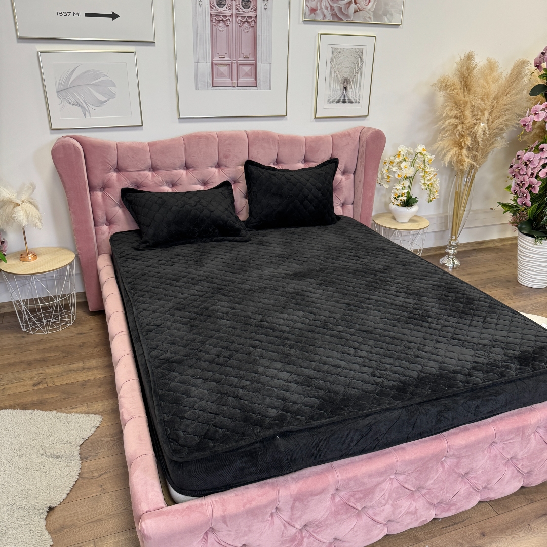 Husa Matlasata Tip Topper din Catifea 180x200cm, cu 2 Fete de Perna 50x70cm -  Somn Odihnitor si Sustinere pentru Spate, Negru - imagine 3