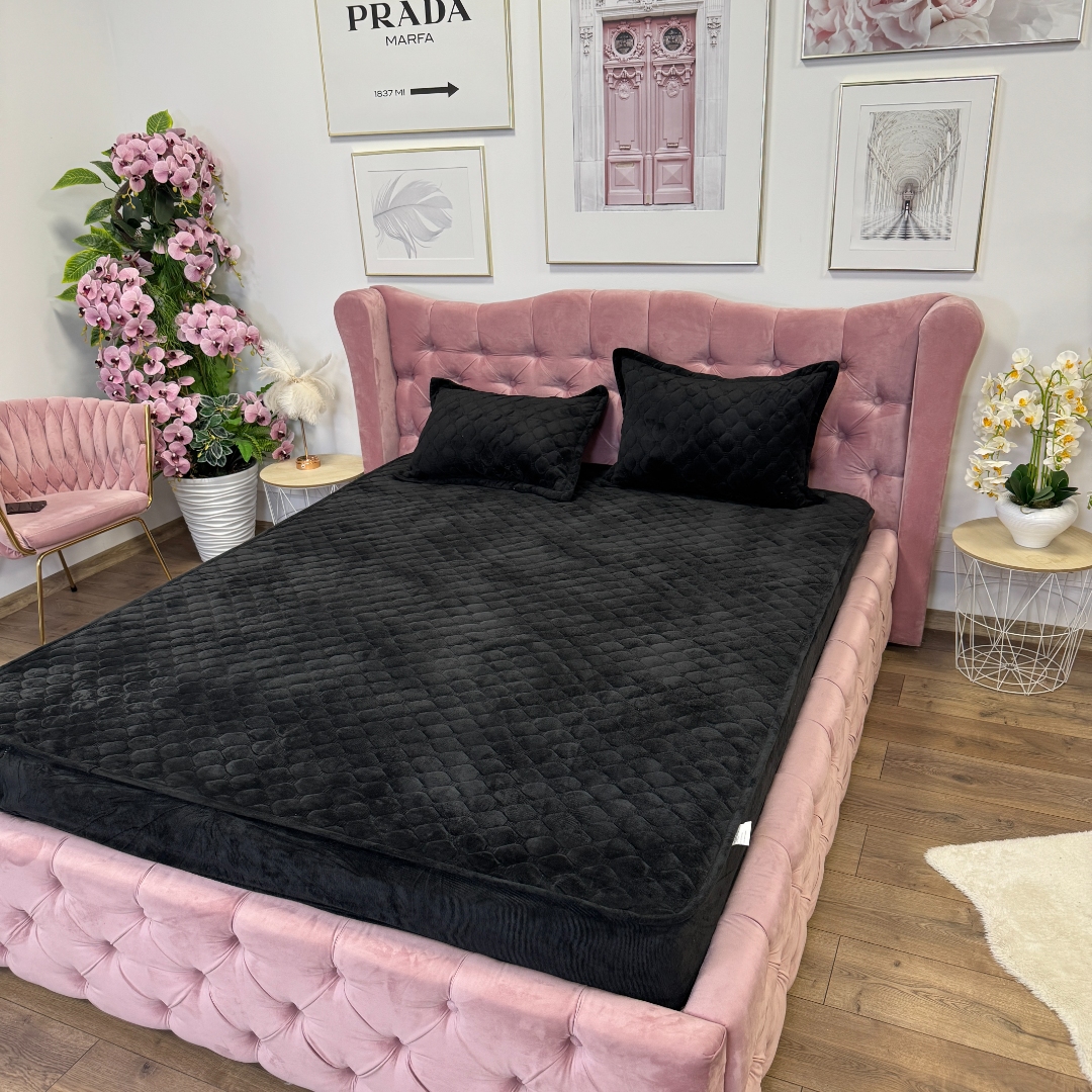 Husa Matlasata Tip Topper din Catifea 180x200cm, cu 2 Fete de Perna 50x70cm -  Somn Odihnitor si Sustinere pentru Spate, Negru - imagine 4