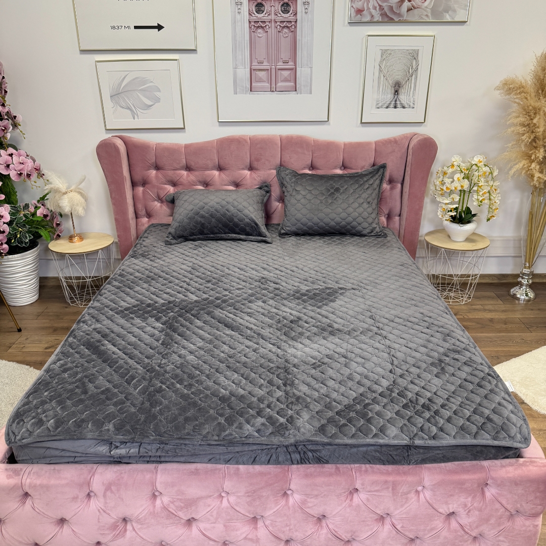 Husa Matlasata Tip Topper din Catifea 180x200cm, cu 2 Fete de Perna 50x70cm -  Somn Odihnitor si Sustinere pentru Spate, Gri inchis - imagine 2