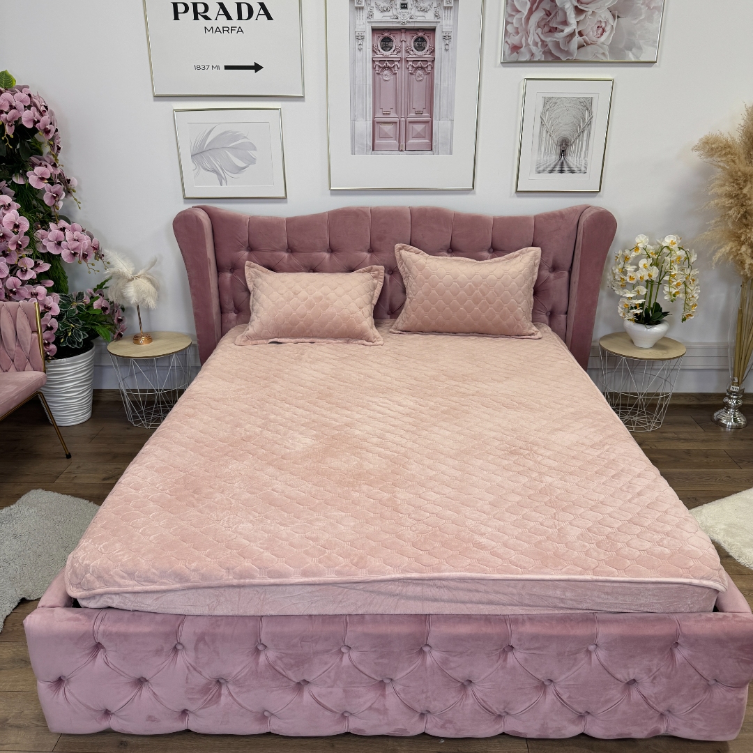 Husa Matlasata Tip Topper din Catifea 180x200cm, cu 2 Fete de Perna 50x70cm -  Somn Odihnitor si Sustinere pentru Spate, Roz - imagine 2