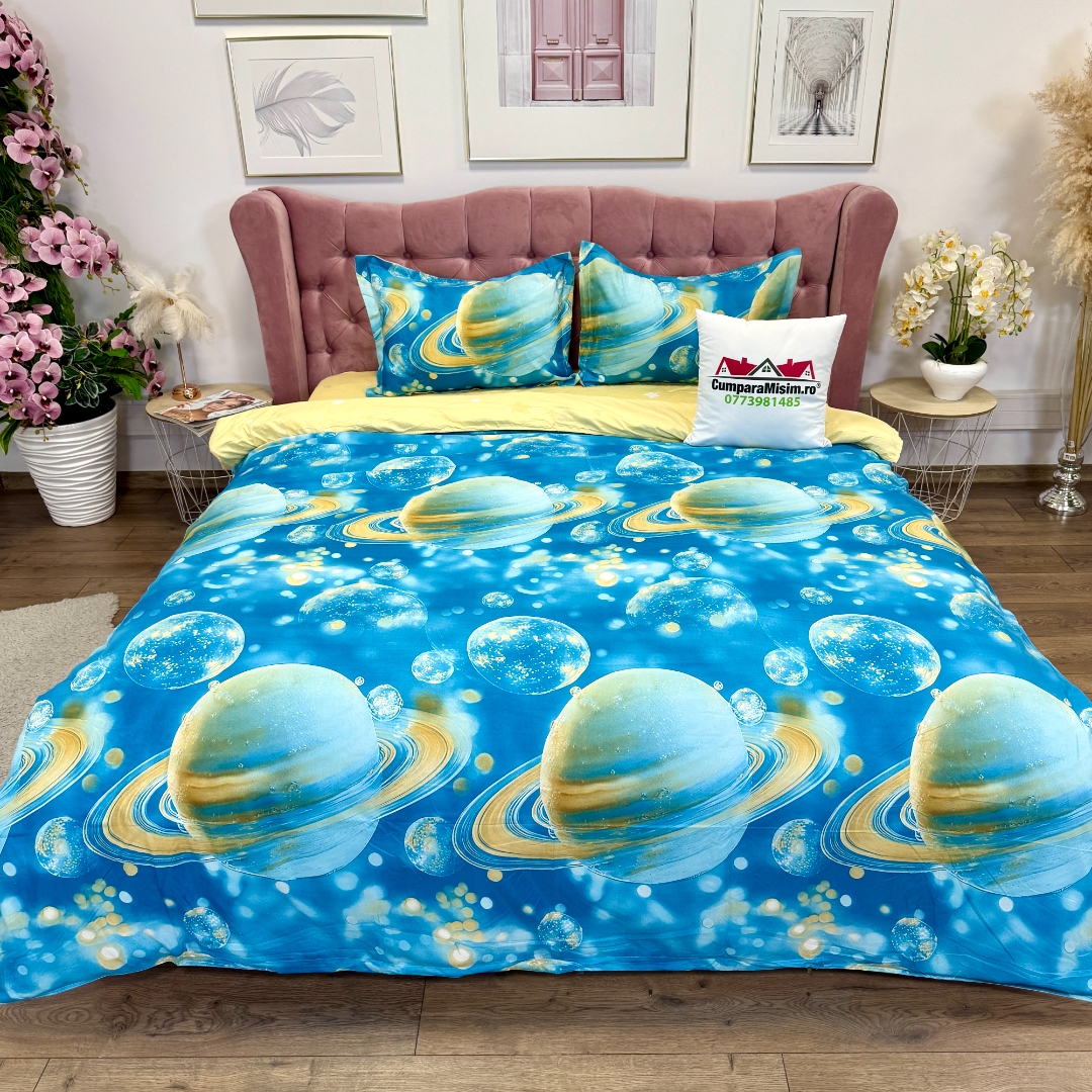 Lenjerie pat dublu, bumbac satinat, cearsaf clasic, 4 piese, Albastru, planete - imagine 2