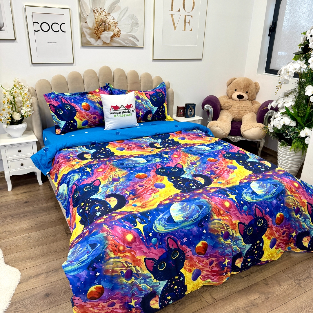 Lenjerie pat dublu, bumbac satinat, cearsaf clasic, 4 piese, Albastru, Mov, Galben, pisicute, planete - imagine 3