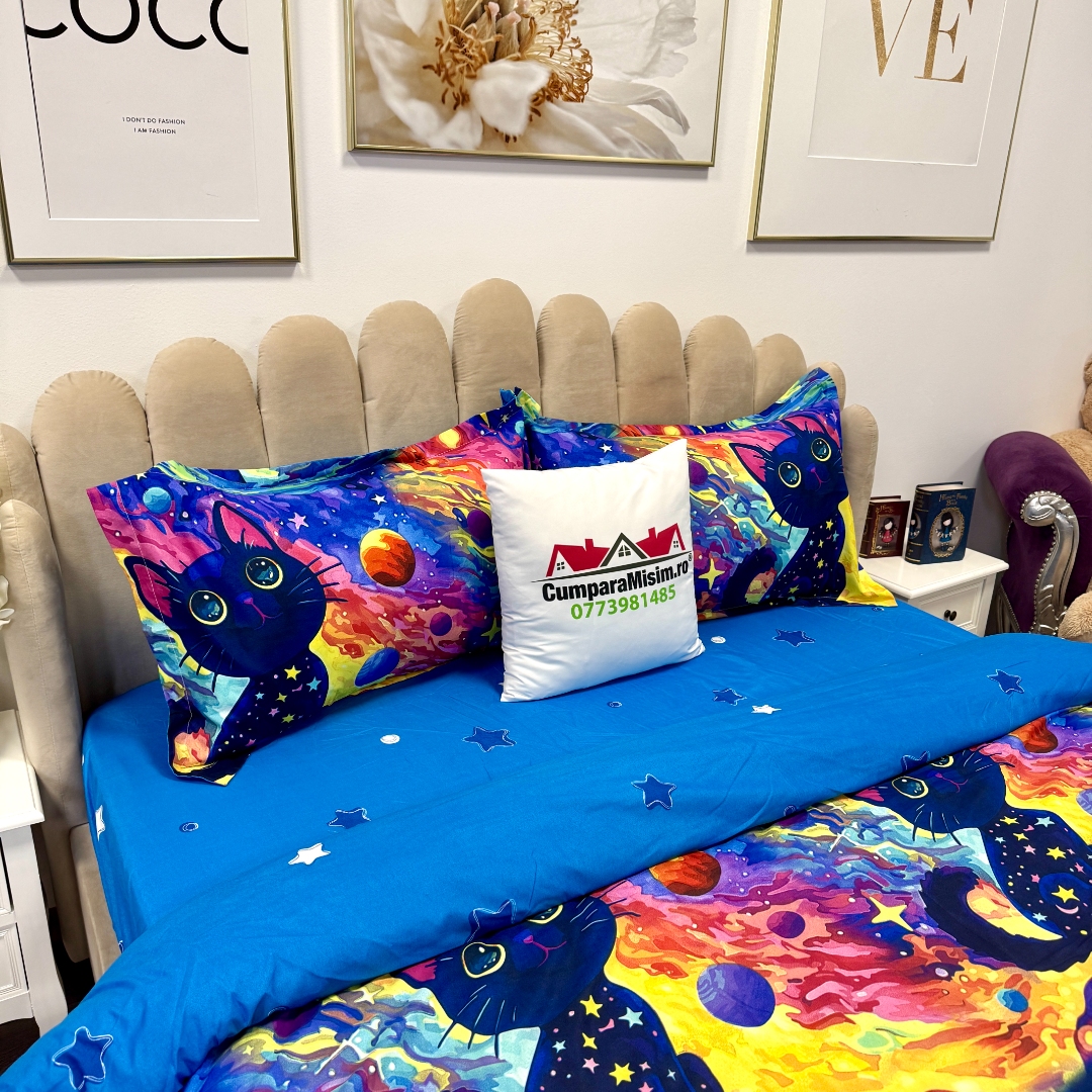 Lenjerie pat dublu, bumbac satinat, cearsaf clasic, 4 piese, Albastru, Mov, Galben, pisicute, planete - imagine 7