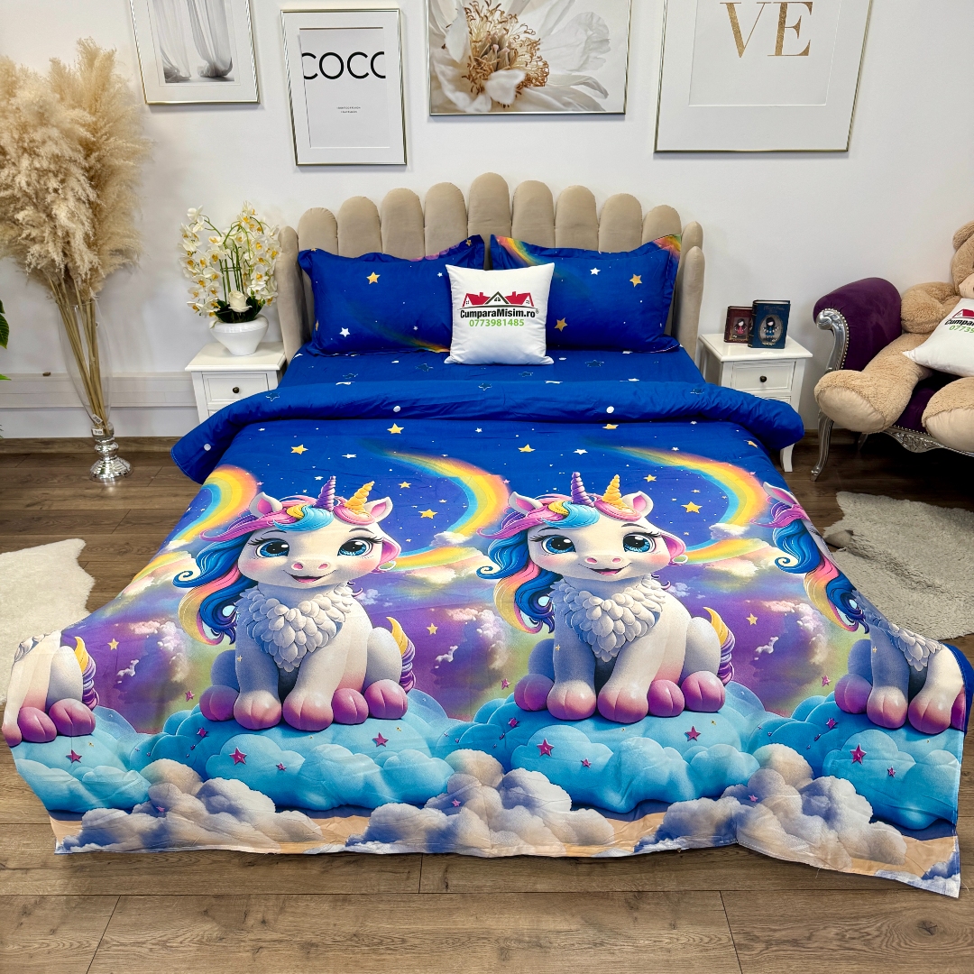 Lenjerie pat dublu, bumbac satinat, cearsaf clasic, 4 piese, Albastru, unicorni - imagine 2